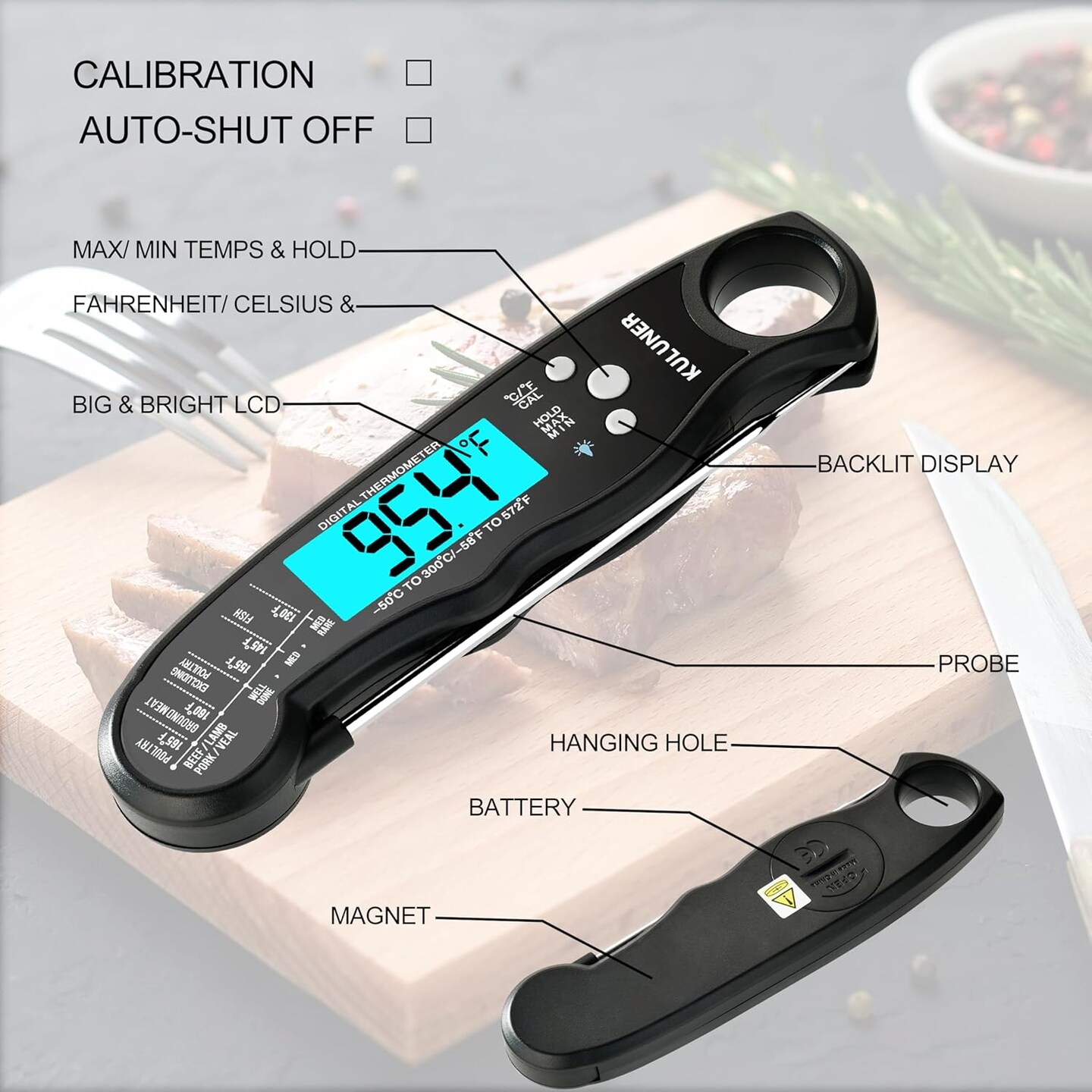TP-01 Waterproof Digital Instant-Read Meat Thermometer – 4.6" Folding Probe, Backlight, Calibration, Cooking, Candy, BBQ, Liquids (Black)