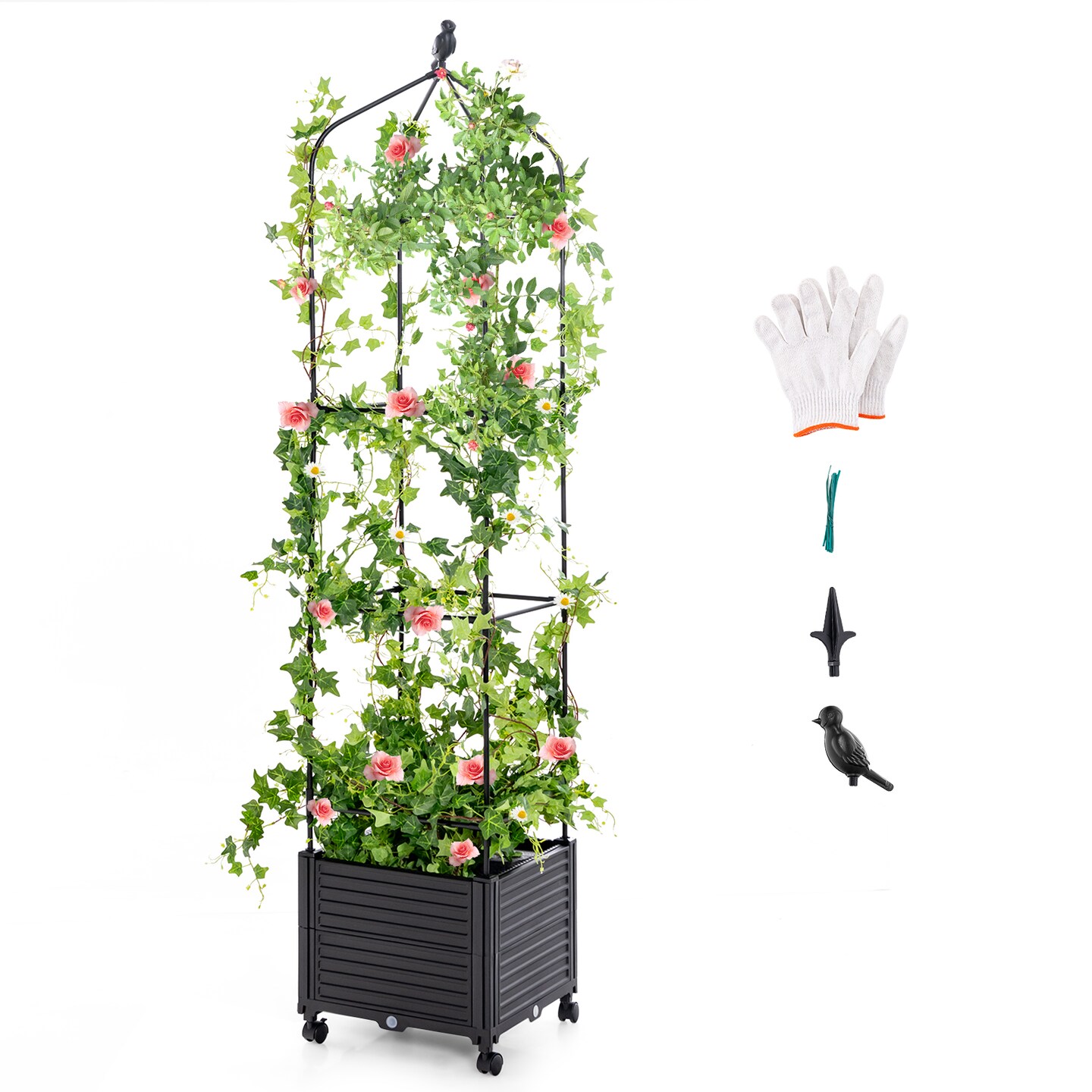 Black Metal Raised Planter Box with Trellis Wheels and Self Watering System