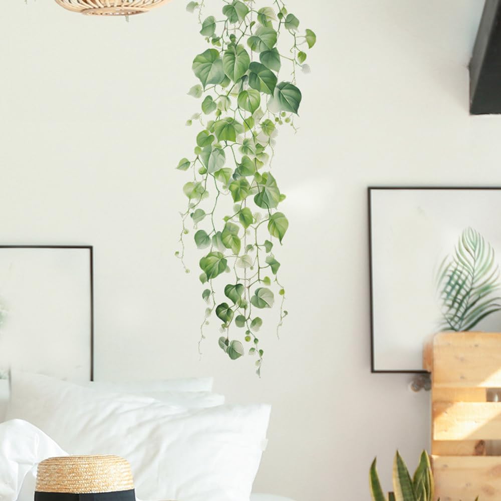 Green Plant Vine Leaves Wall Sticker Evergreen Ivy Leaves for Bedroom Decals Living Room Tropical Leaves Wall Stickers Decor Bedroom Hanging Vine Wall Decals
