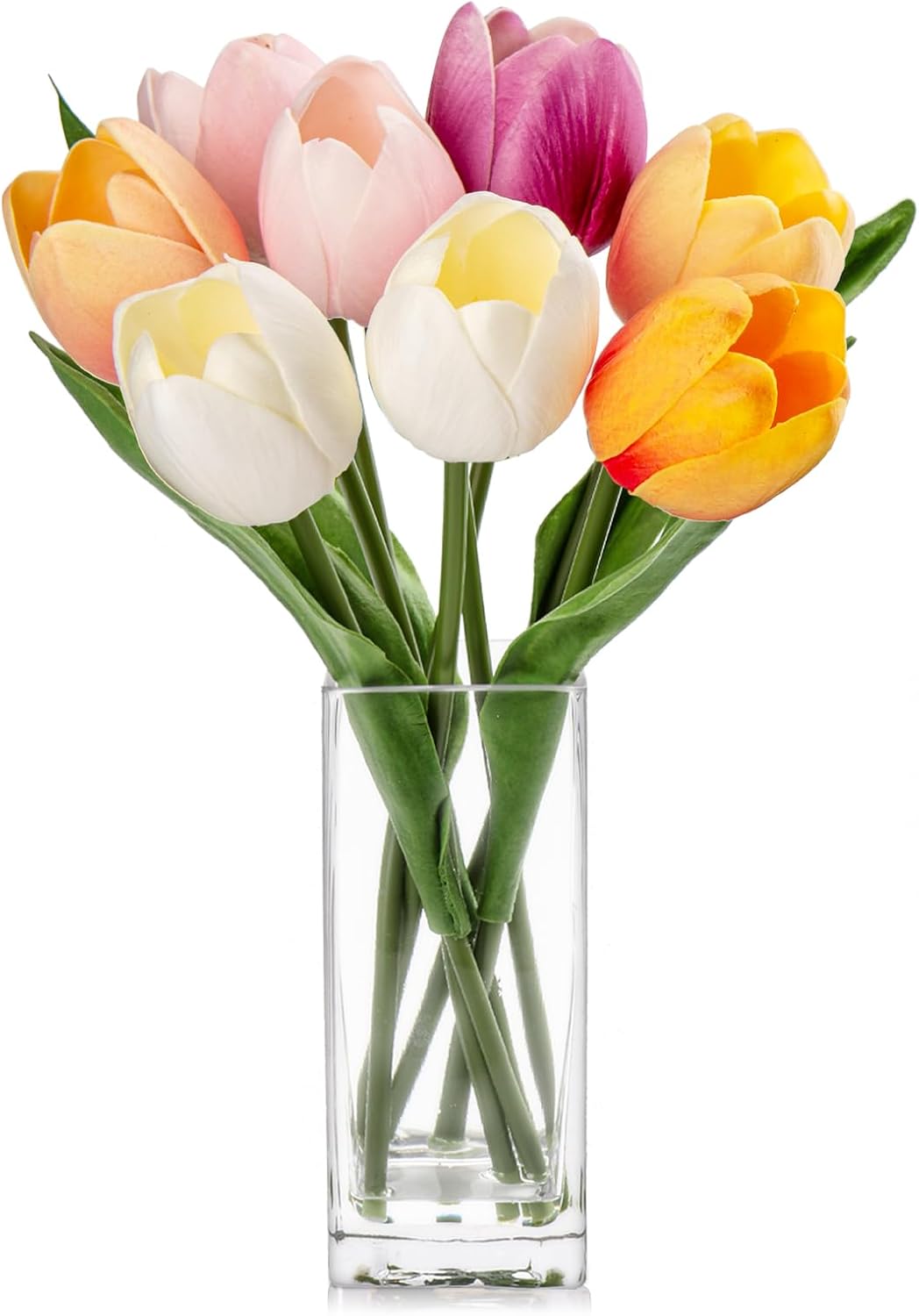 Artificial Tulip Flower Arrangement – Multi-Color Real Touch Foam Tulips in Clear Vase for Home & Office Decor