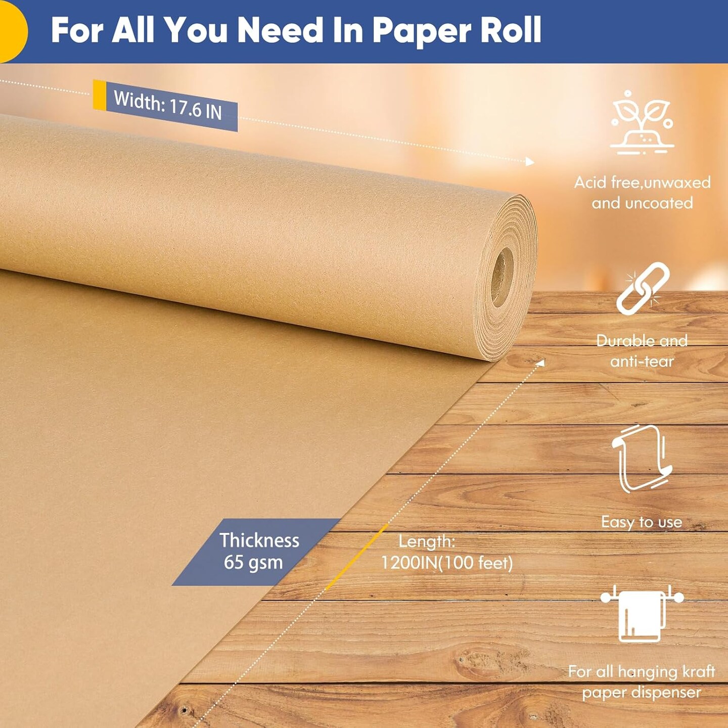 Brown Wrapping Paper, Craft Paper, Kraft Paper 17.6&#x22;x 1200&#x22;