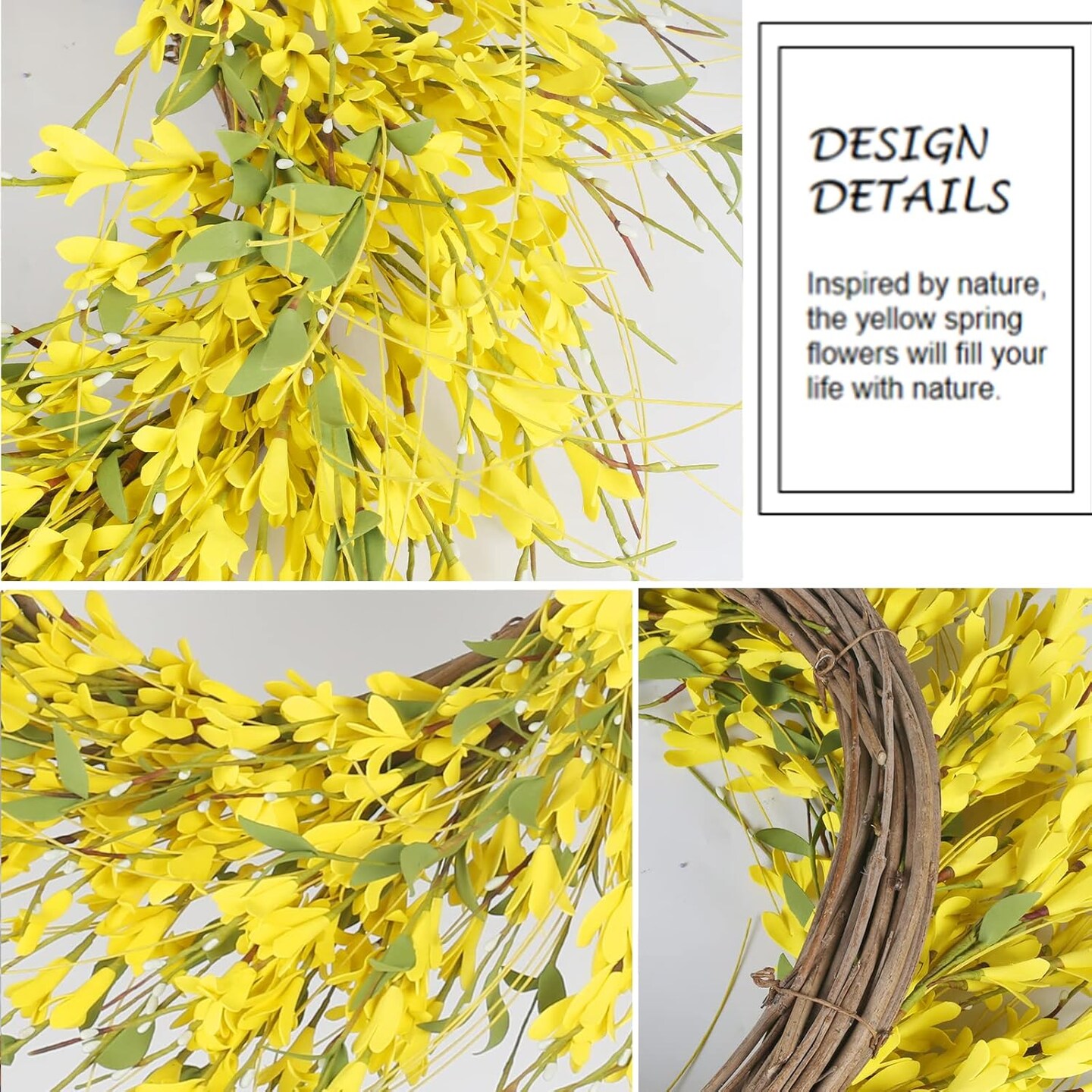 24&#x22; Spring Wreaths for Front Door Artificial Forsythia Flower Wreath on Grapevine Yellow Wreath with Green Leaves Silk Floral Wreath for Home Indoor Wall Window Garden Porch Farmhosue Decor