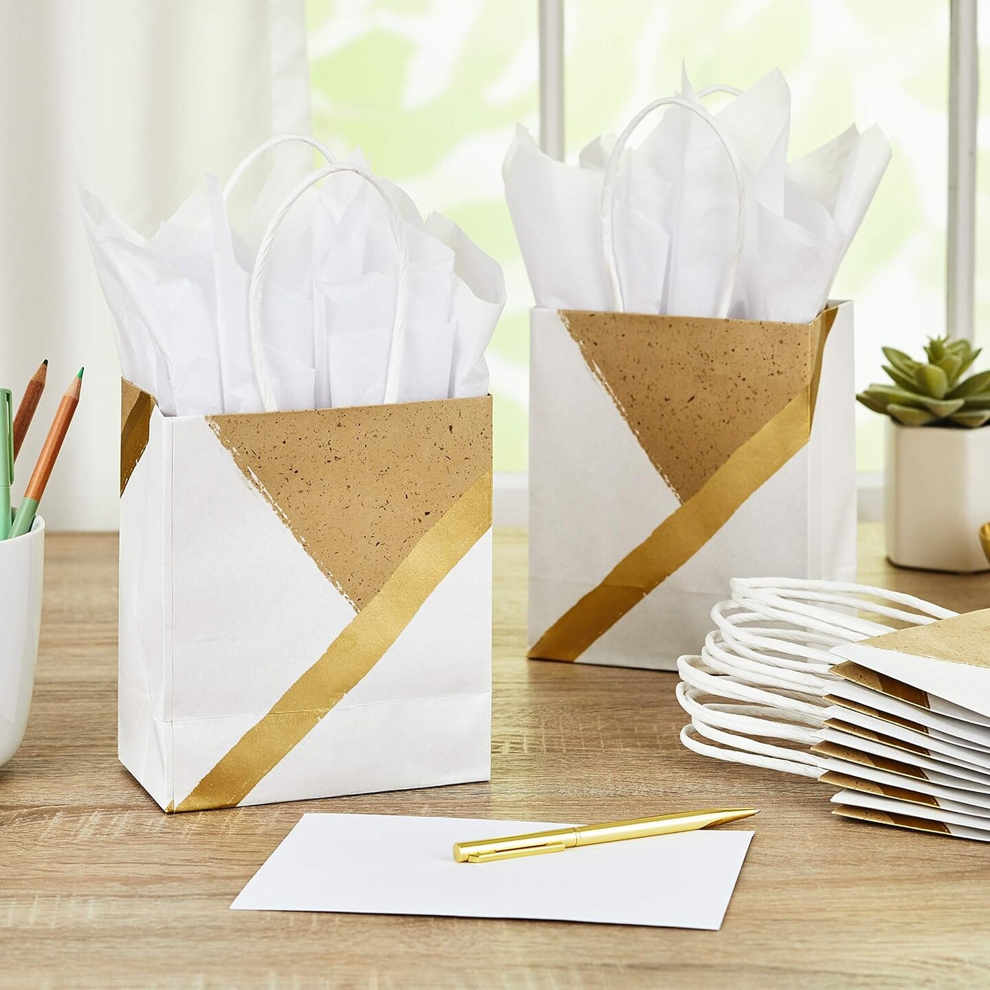 8-Pack 6" Small Paper Gift Bags – White & Kraft with Handles, Gold Foil Accent for Birthdays, Christmas, Weddings, Baby & Bridal Showers (White, Gold)
