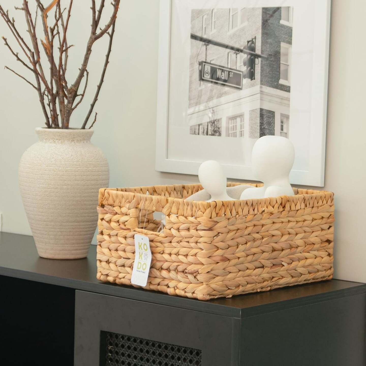Large Rectangular Water Hyacinth Wicker Storage Baskets with Handles and Metal Frame, Stylish and Durable Handwoven Bin for Space-saving Room Organizing or Decorative Wicker Basket