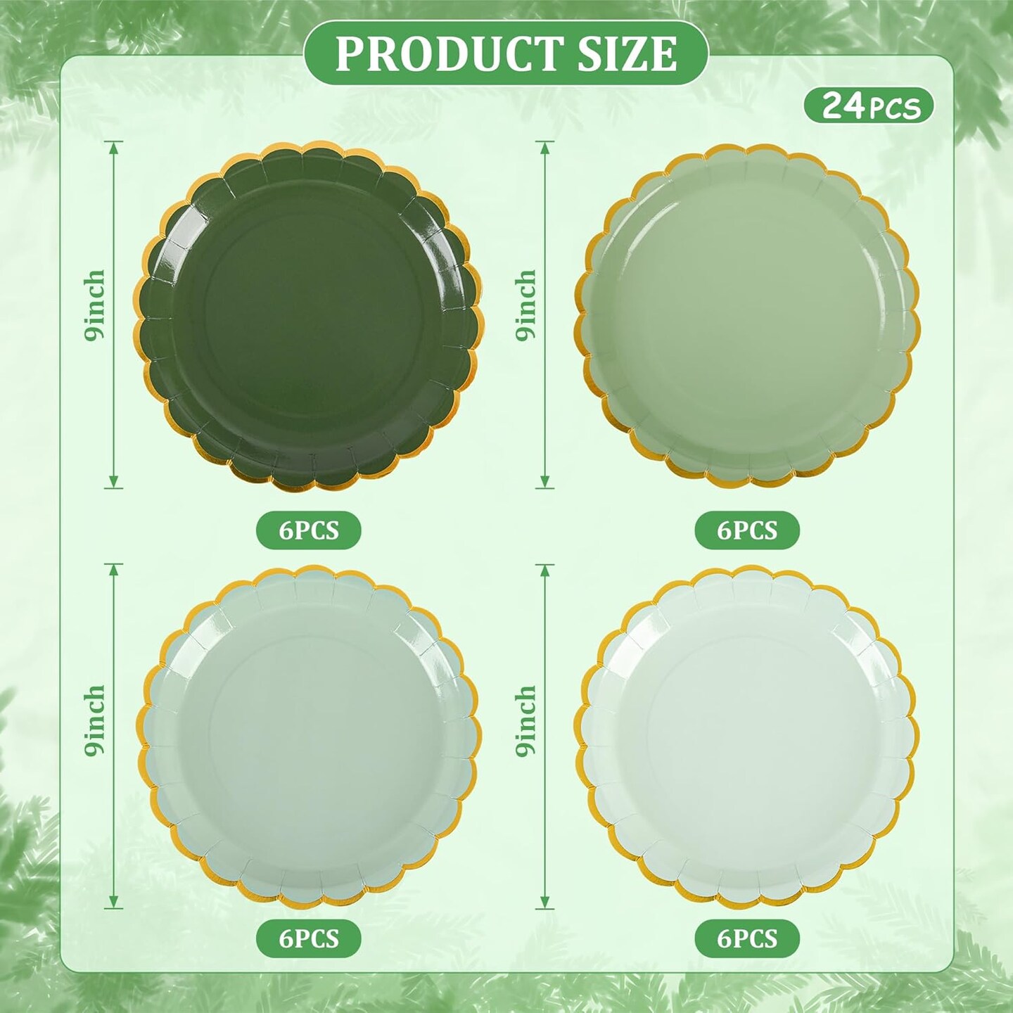Summer Sage Green Scalloped Party Plates Gold Foil Border Paper Plates Disposable 9inch Gradient Green Serving Plates (24, Sage Green)