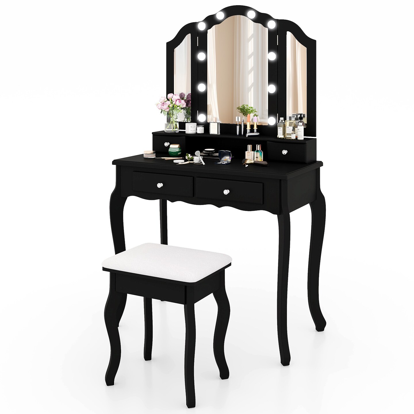 Black Vanity Set with Tri-Fold Mirror & LED Lights, 4 Drawers