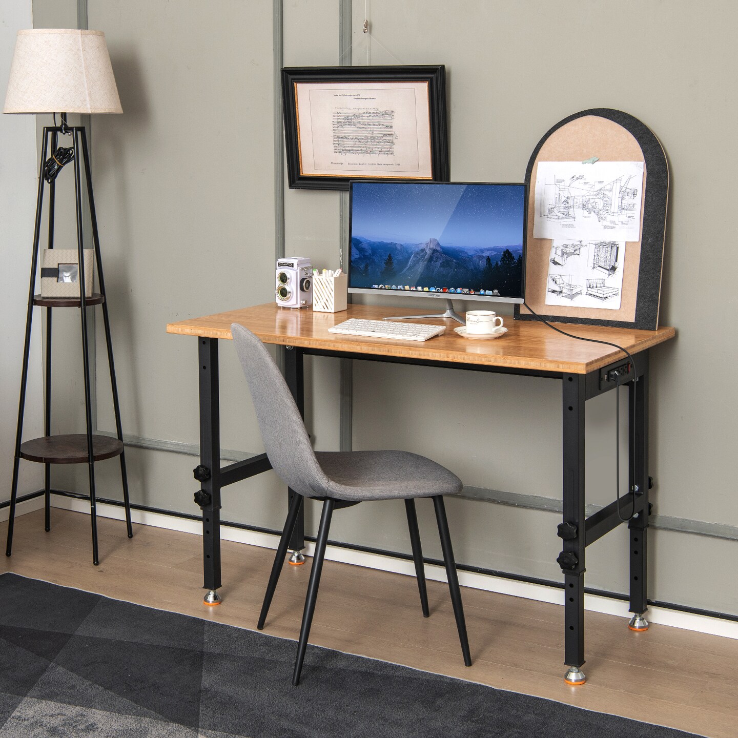 Natural Wicker Adjustable Workbench/Computer Desk/Dining Table with AC Outlets and USB Ports