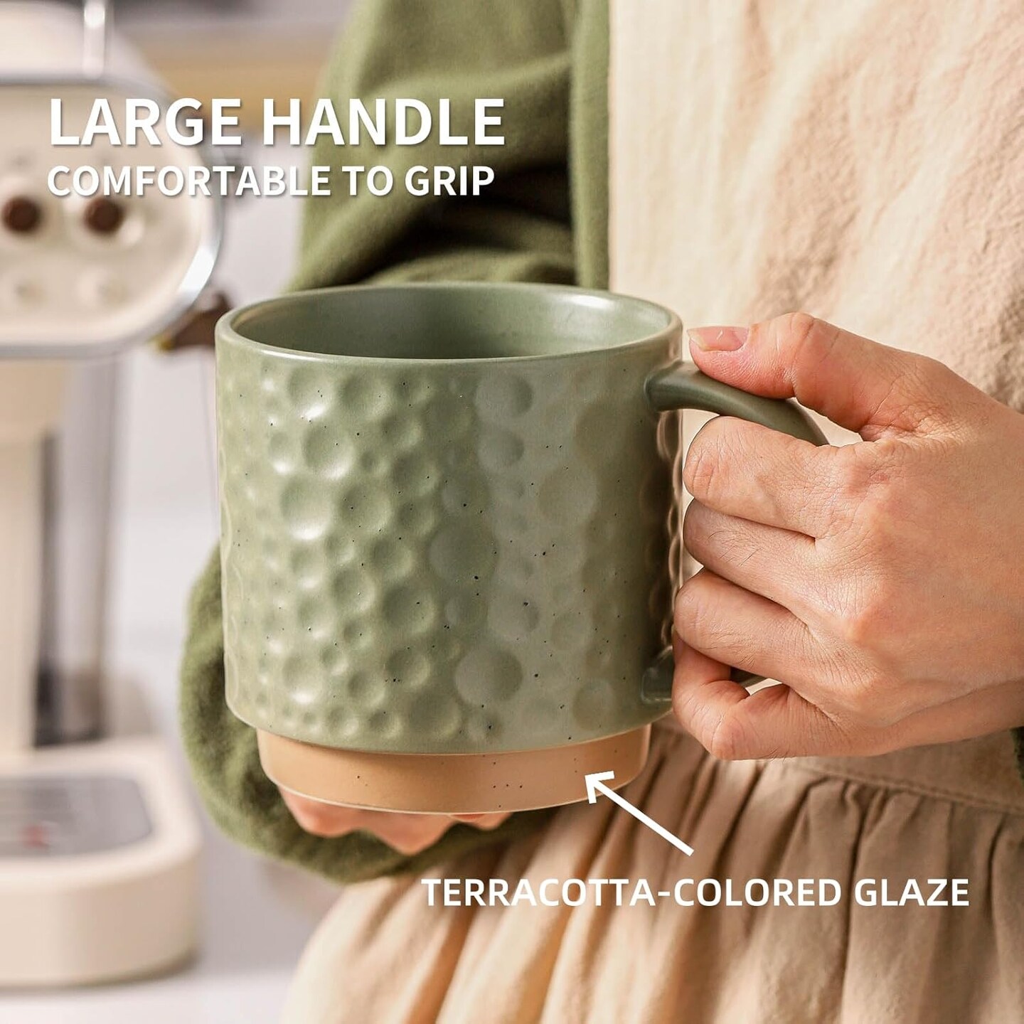 Ceramic Coffee Mug Set of 4, 16OZ Stackable Coffee Mug Set with Stainless Stand,Large Cup Set for Cappuccino,Tea,Hot/Cold Drinks,Dishwasher & Microwave Safe,Matte Green