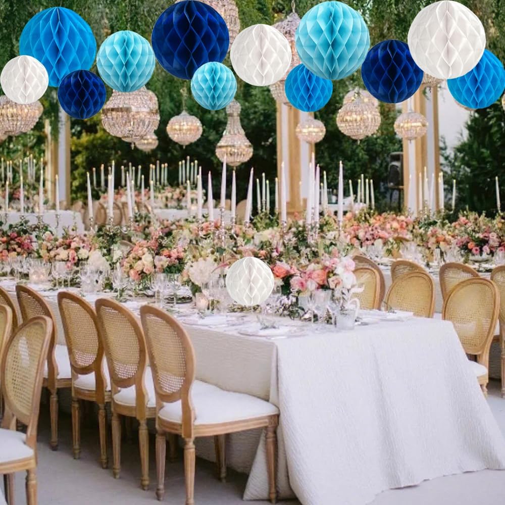 12Pcs White Blue Paper Honeycomb Flower Balls 6&#x27;&#x27; 8&#x27;&#x27; 10&#x27;&#x27; Decorative Tissue Honeycomb Balls Paper Pom Poms Hanging Flower Balls Craft Kit for Wedding Nursery Room Home Party D&#xE9;cor