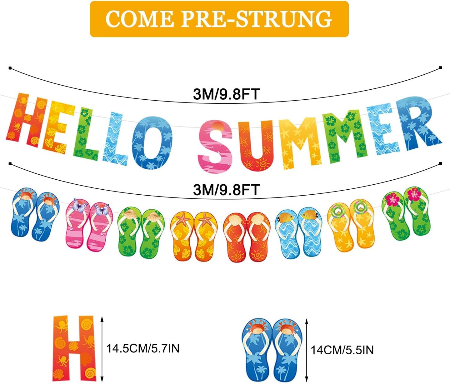 Hello Summer Banner and Colorful Flip Flop Banner Summer Hawaiian Tropical Beach Pool Slippers Garland Banner Summer Holiday