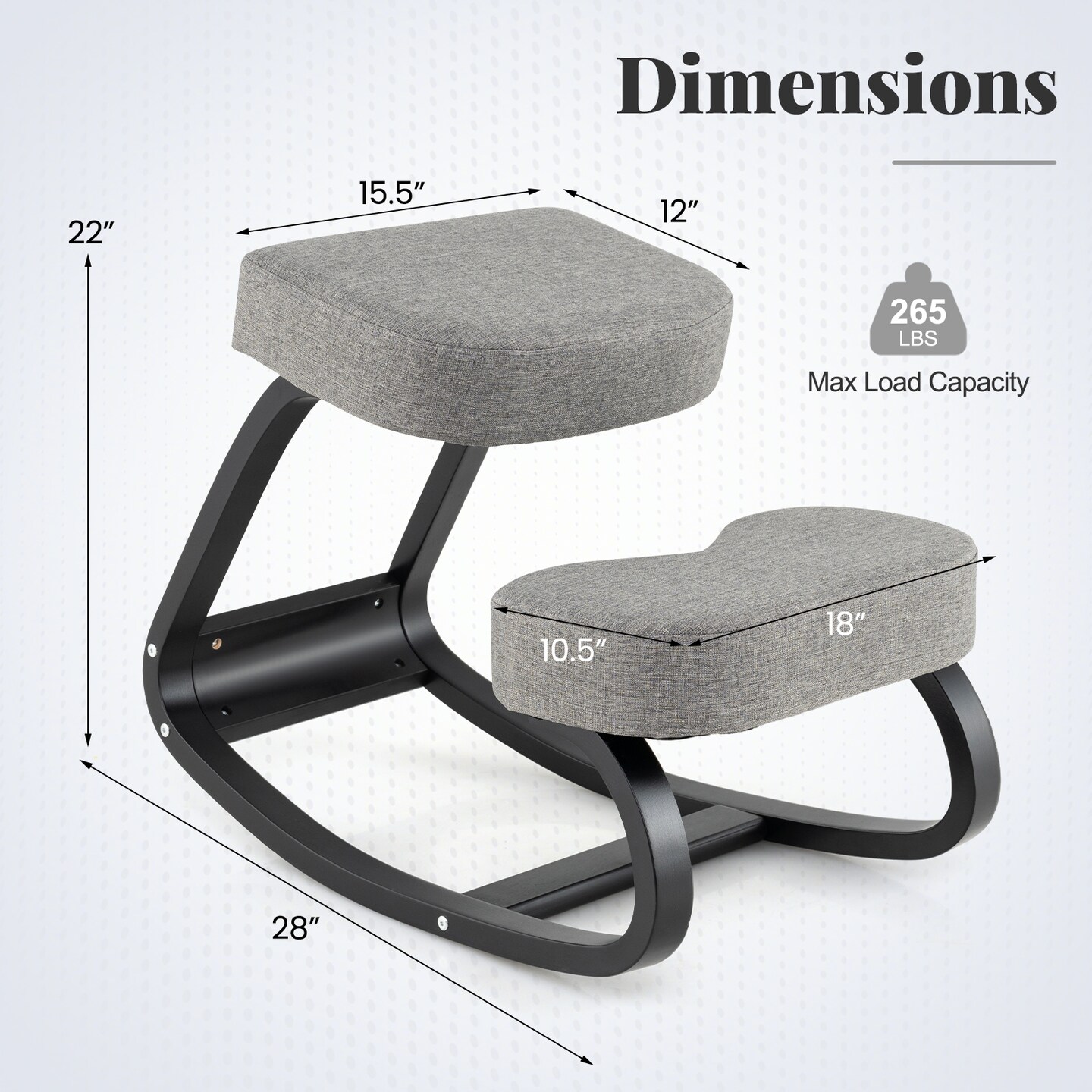 Gray Wooden Ergonomic Rocking Kneeling Chair with Crossbars and Padded Cushion