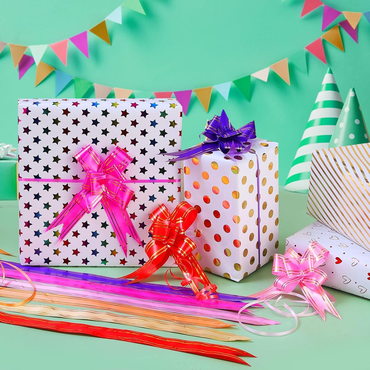 Birthday & Party Wrapping Paper – 6 Mini Rolls, 17” x 120” Each, Iridescent Gold Foil Designs with 6 Mini Bows for Birthdays, Christmas & Celebrations (Color bronzing)