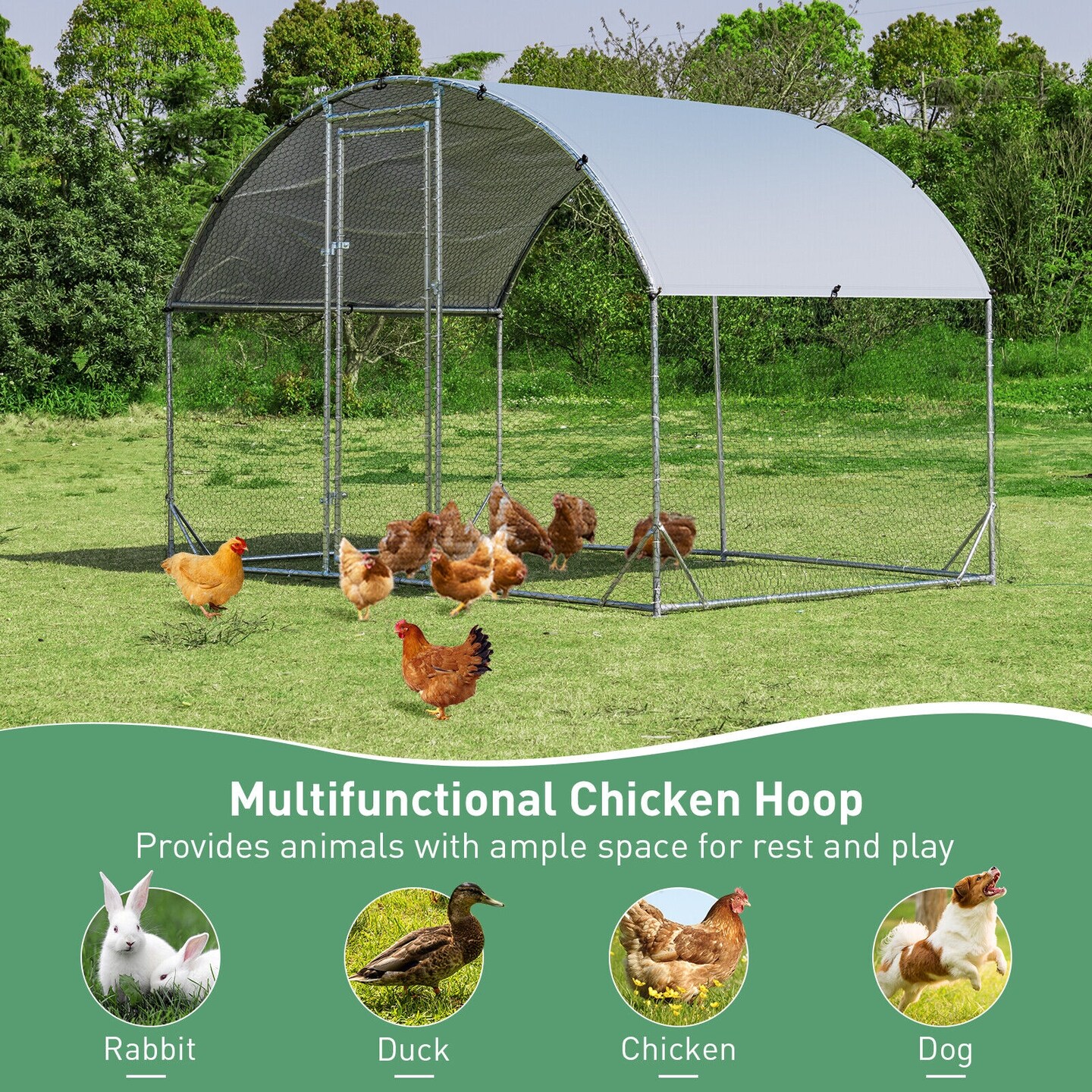 Galvanized Metal Chicken Coop with Waterproof Cover, Lockable Door and Spacious Design