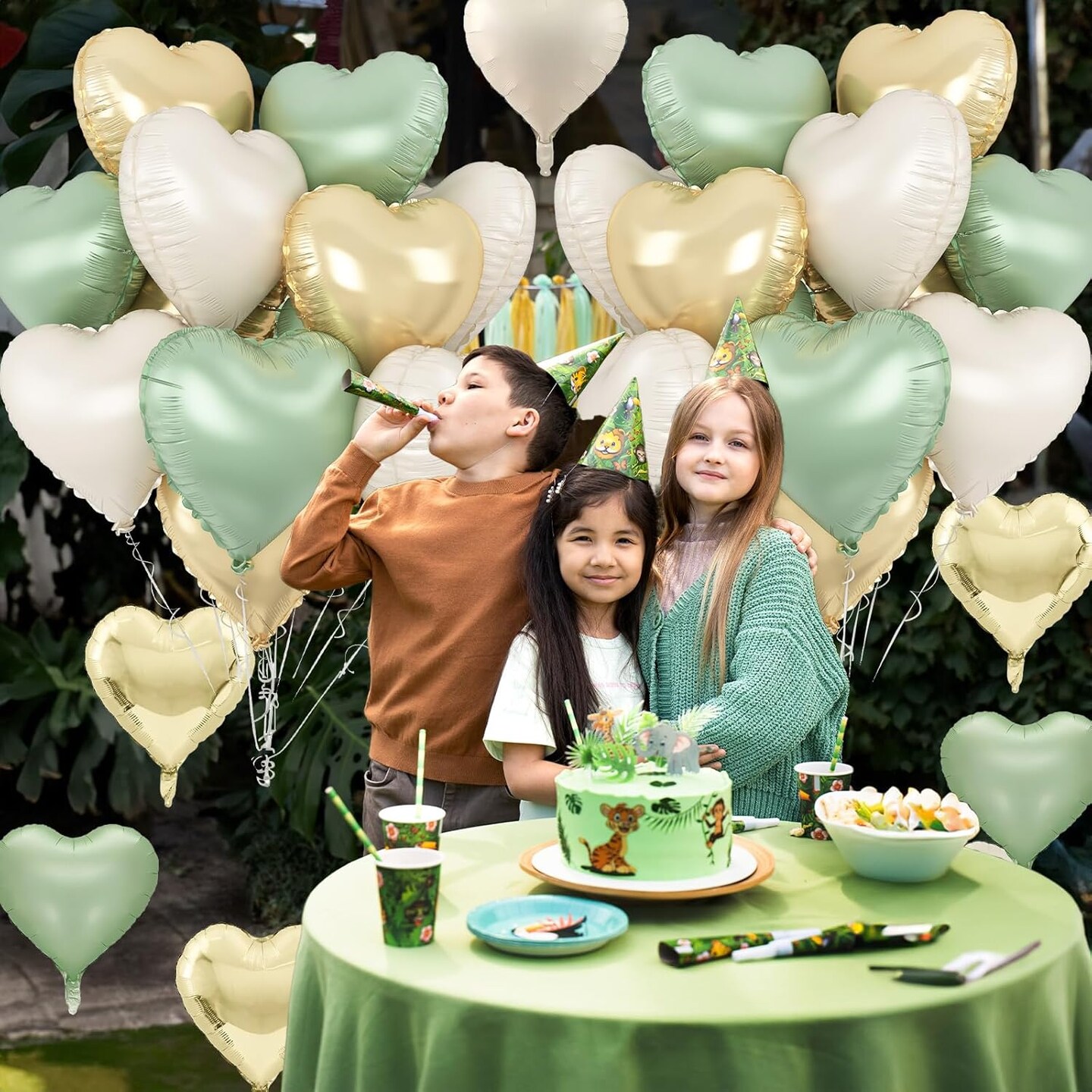 Sage Green Gold Heart Balloons, 12PCS Green Gold Heart Shaped Foil Balloons, 18Inch Green Cream White Heart Helium Mylar Balloon