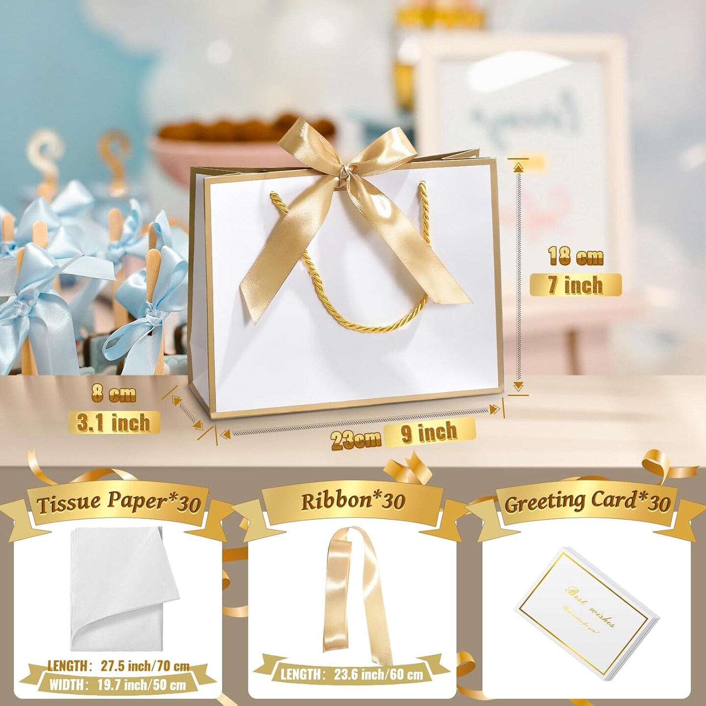 30 Pcs Thank You Gift Bags with Tissue Paper, 9x7x3.1in Paper Gift Bags with Handles, Gift Wrap Bags with Bow Ribbon for Wedding Birthday Baby Shower Bridesmaid Party