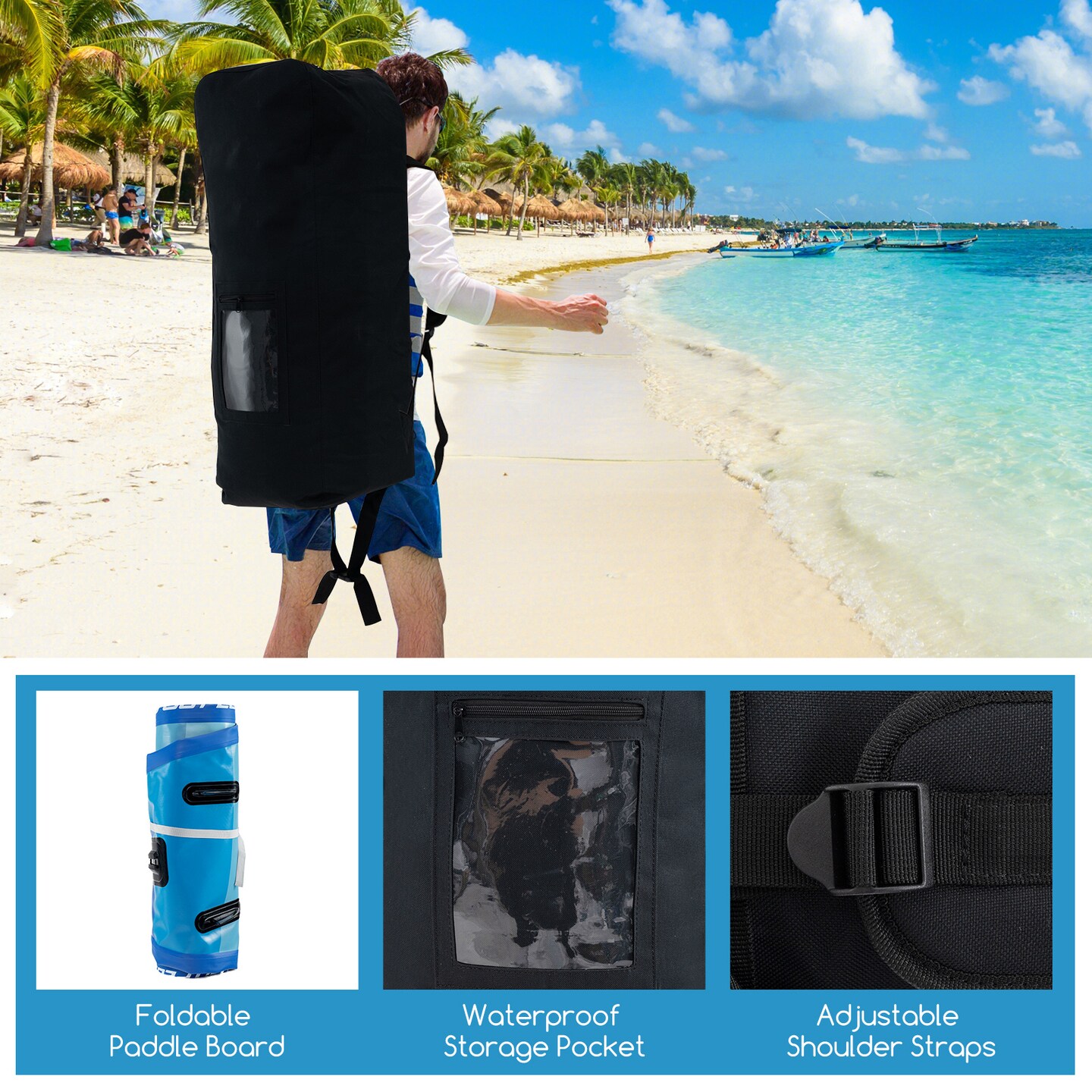 Blue Inflatable SUP Board Drop Stitch PVC EVA Aluminum Alloy Paddle Adjustable Length