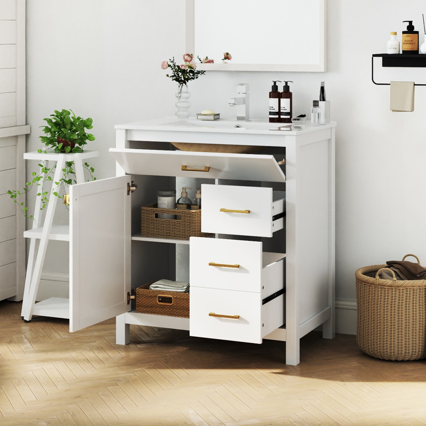 White MDF Bathroom Vanity with Ceramic Sink and Storage