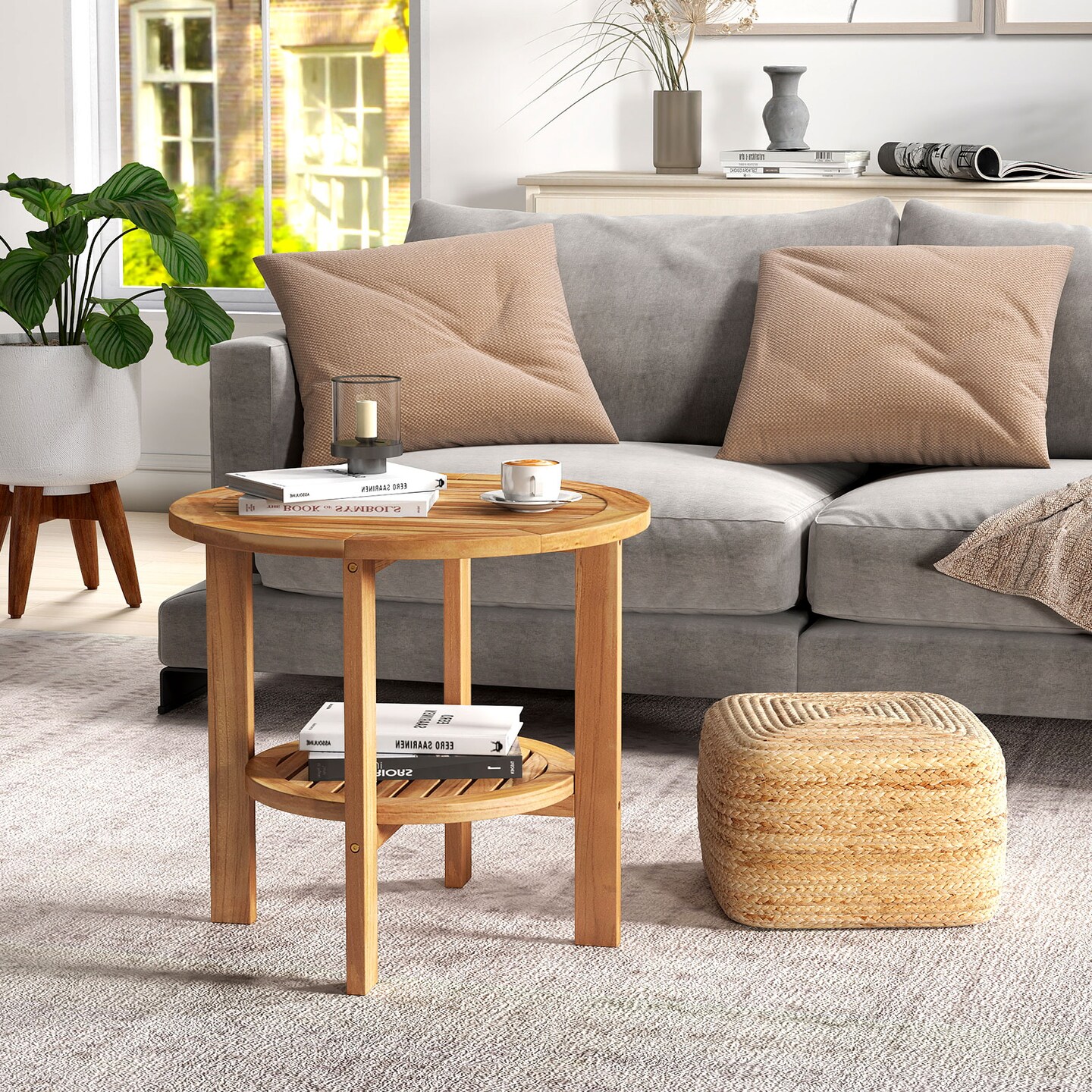 Natural Teak Wood 2-Tier Side Table with Slatted Design, Storage and Outdoor Versatility