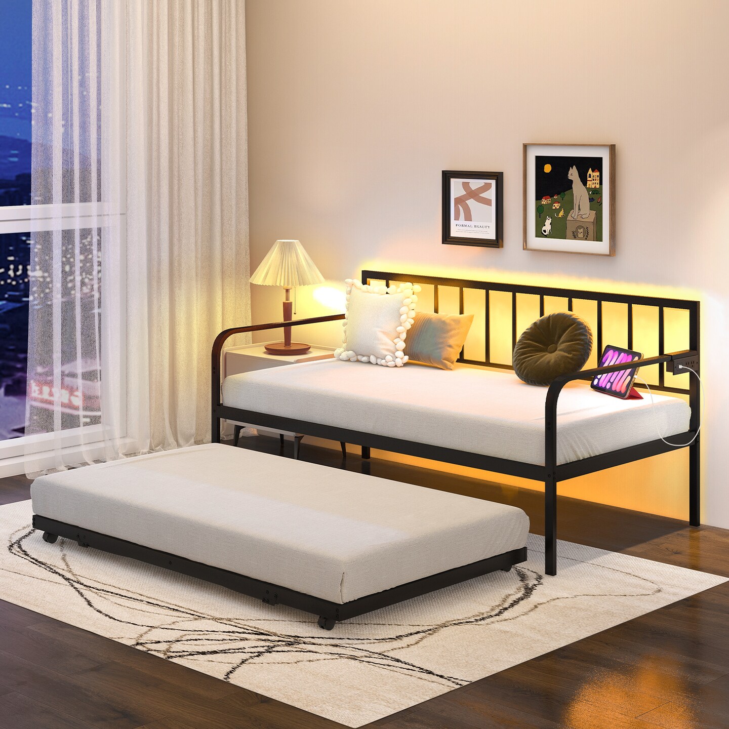 Black Metal Daybed with Pop-up Trundle, LED Lighting, Charging Station and USB Ports