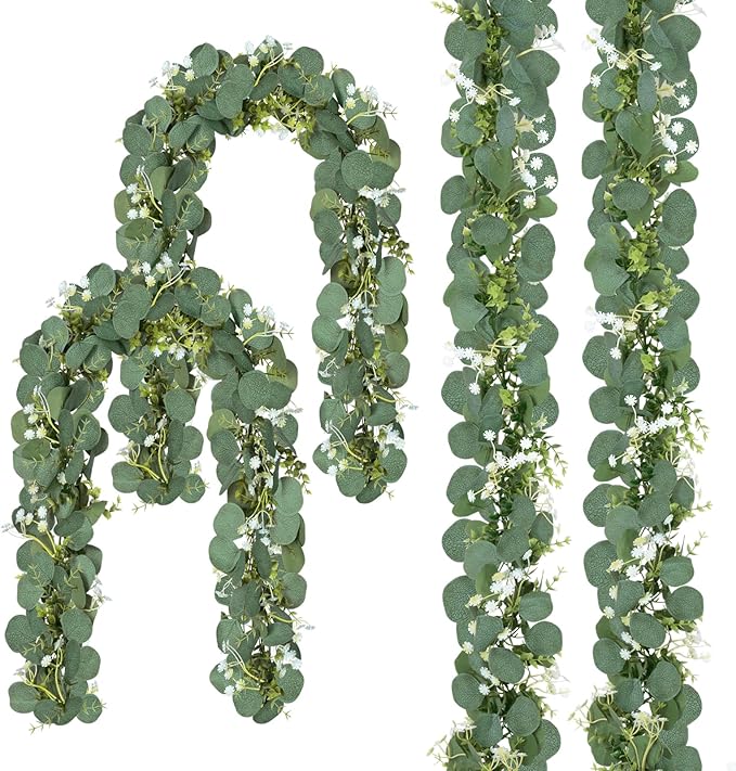 4 Pack 5.9Ft Eucalyptus Garland,Artificial Eucalyptus Flowers Leaves Table Greenery Garland Wreath Vines for Wedding Party Table Fireplace Bedroom Wall Room Decor