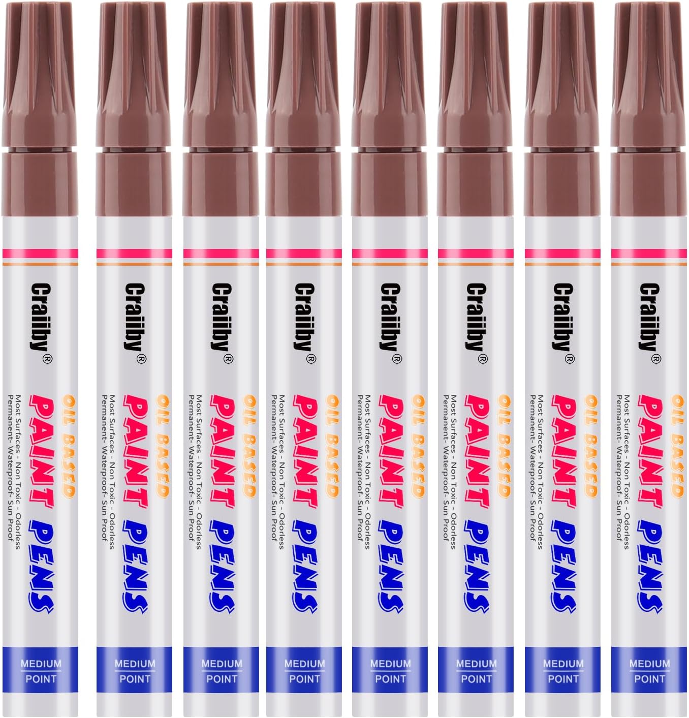 Brown Paint Markers, 8 Pack Oil-Based Waterproof Quick Dry Permanent Paint Pen Set for Rocks Painting, Wood, Fabric, Plastic, Canvas, Glass, Mugs, Metal, Tire, Stone, DIY Craft