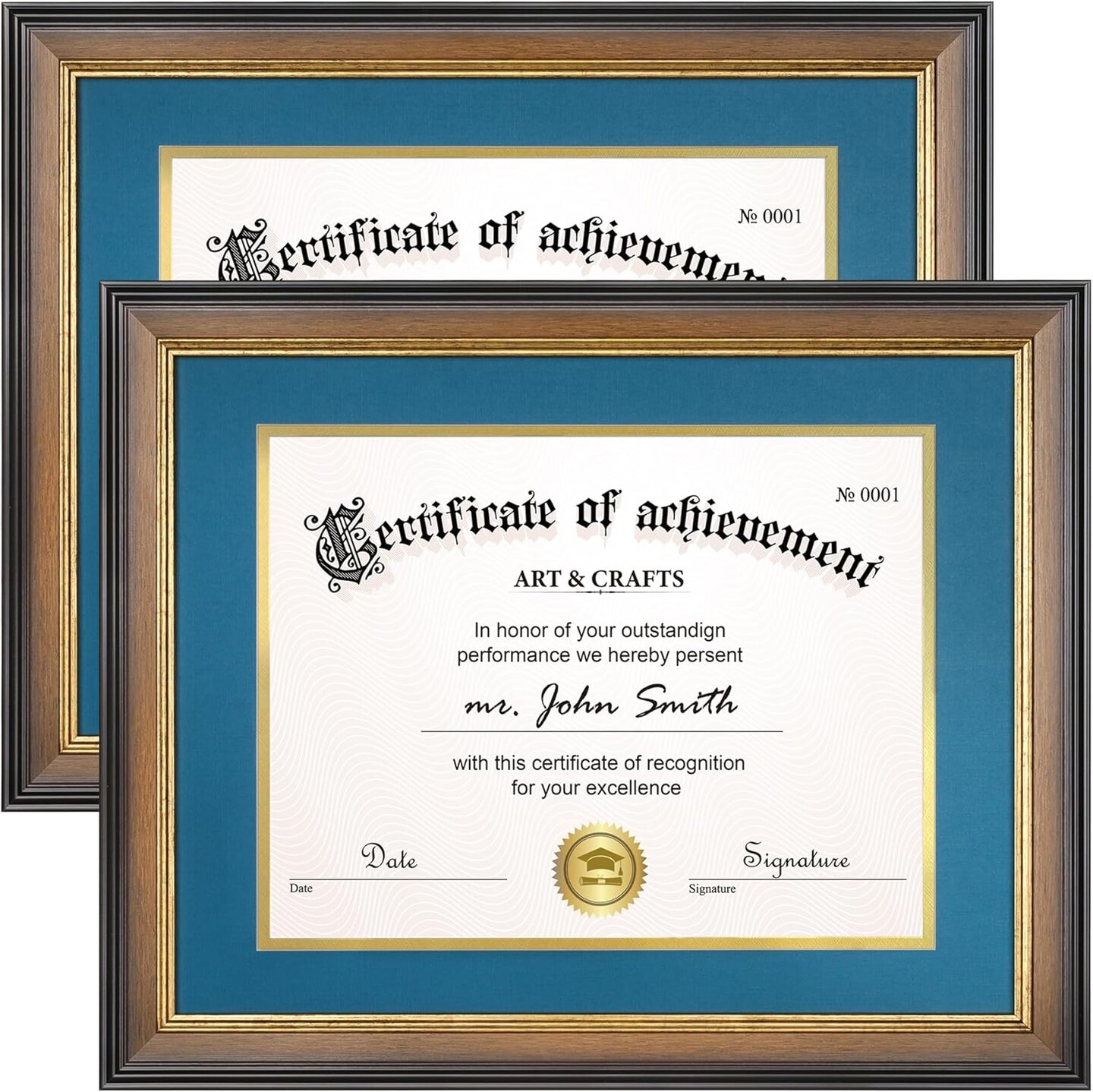 11x14 Diploma Frame with Mat for 8.5x11 Certificate, Document Frame with Navy Over Gold Acid-free Mats & Tempered Glass, Tabletop or Wall Mount, 2 Pack, Walnut/Blue