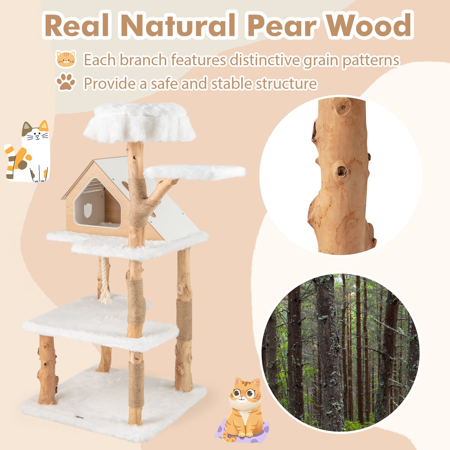 60 Inch Tall Wooden Cat Tree Tower with 2 Cozy Perches and 2 Large Platforms