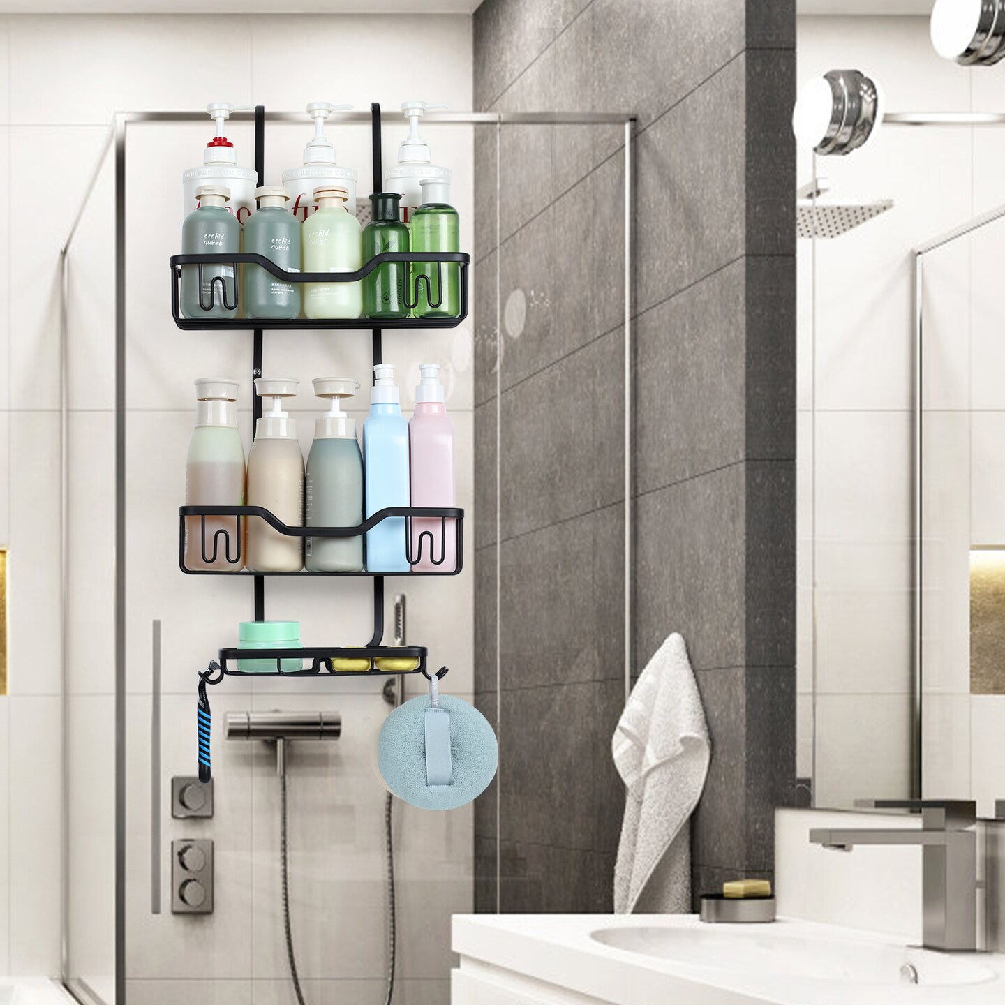 3-Tier Rustproof Shower Caddy with 4 Hooks – No Drill Hanging Bathroom Organizer, 40 lb Capacity, Adhesive Suction Cups for Shampoo, Soap, Towels