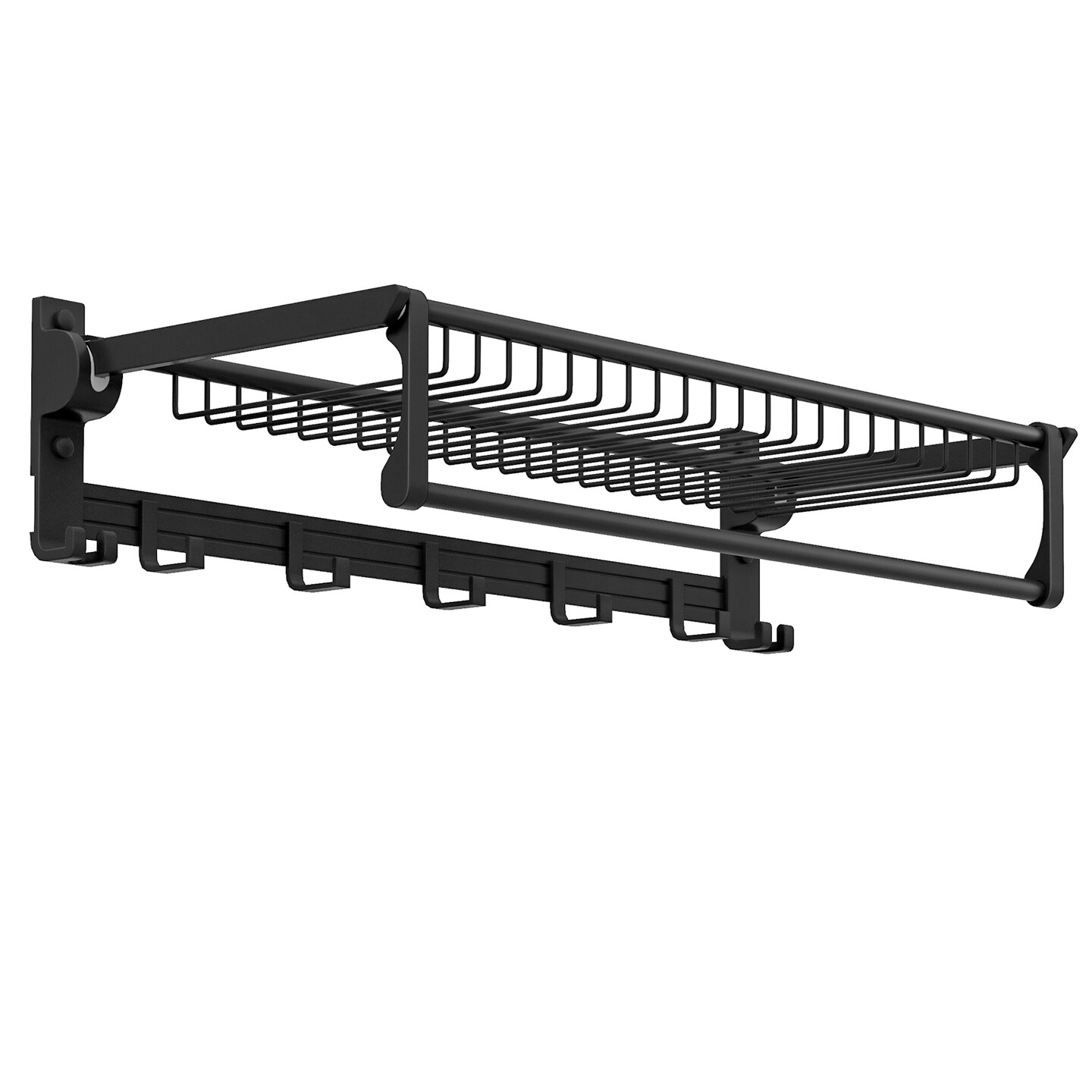 Foldable Space Aluminum Wall Towel Rack with Hooks &#x26; Shelf &#x2013; Black