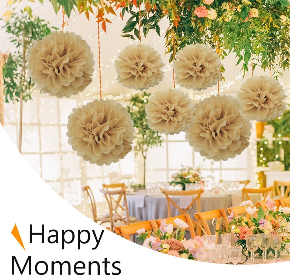 12 Pieces Tissue Paper Pompoms 10in and 12in Hanging Tissue Flowers Decorations Colour Paper Flower Ball Paper Flowers Pom Poms for Party Wedding Decoration (ZH/Khaki)