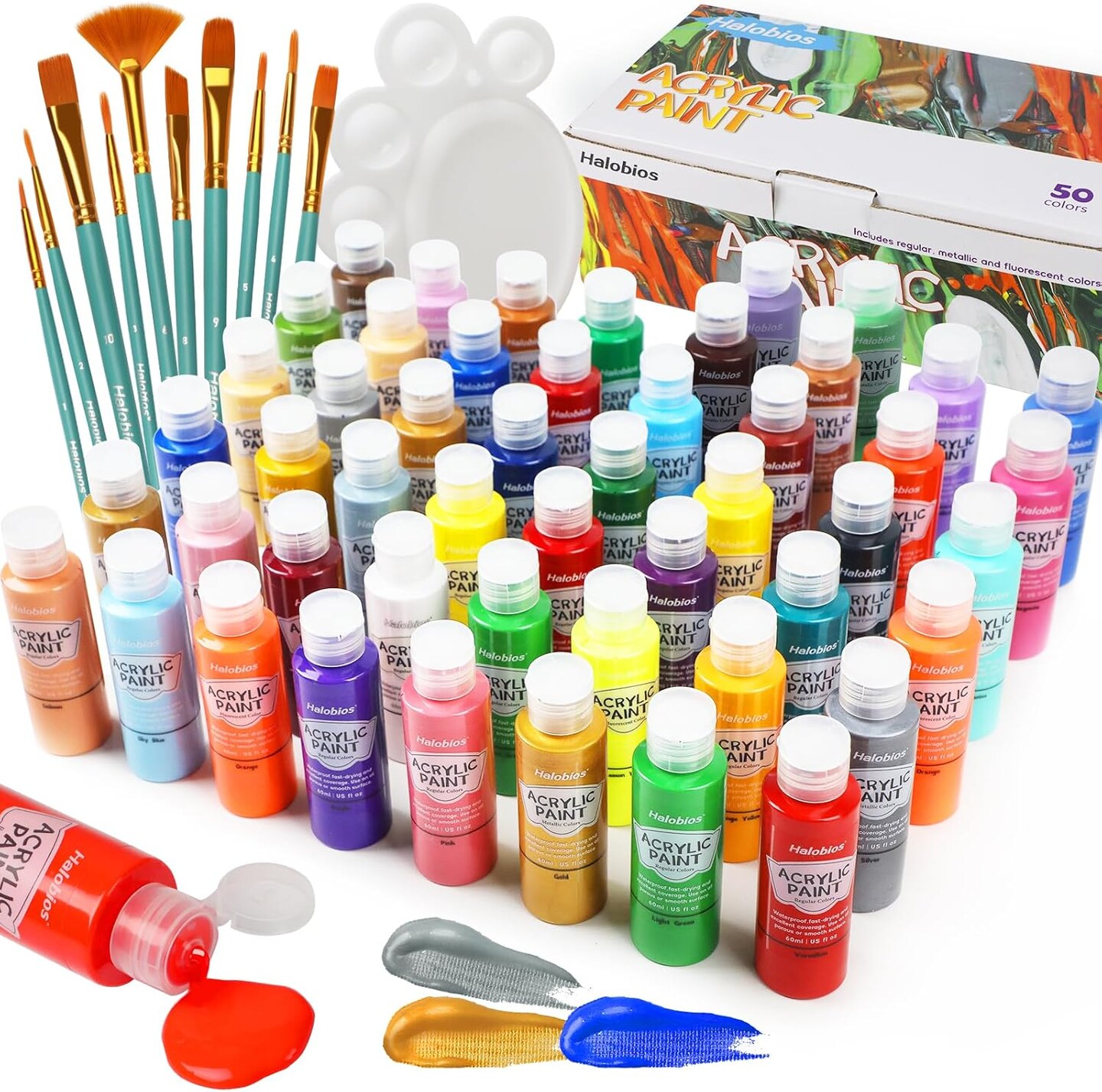 Acrylic Paint Set 50 Colors(2 fl oz/60 ml), Premium Acrylic Paints for Kids & Adults, With Fluorescent Colors & Metallic Colors for Painting, Drawing & Art Supplies, DIY Arts and Crafts