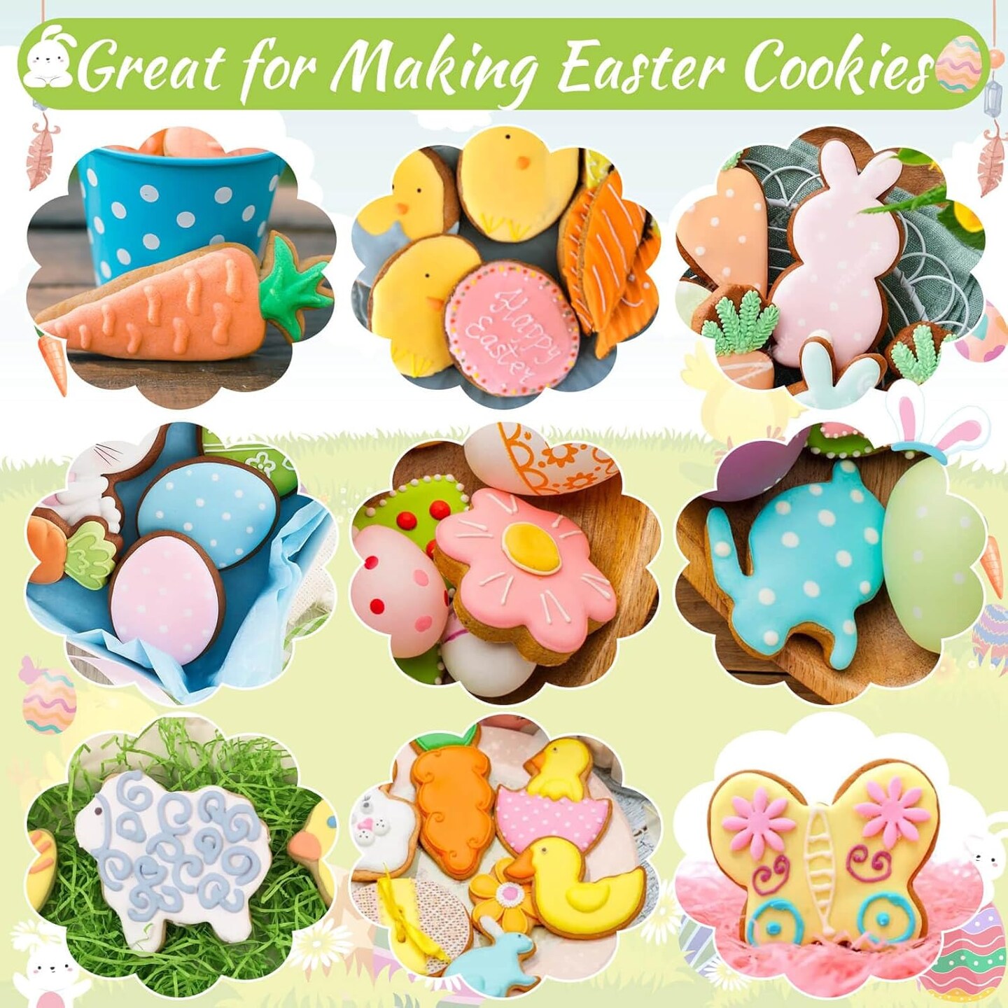 Easter Cookie Cutters Set, 14 Shapes Cookie Cutters for Easter, Stain Steel Egg Cookie Cutter with Bunny Carrot Rabbit Butterfly Egg Sheep Chick Flowers Crosses Shape Cookie Cutter