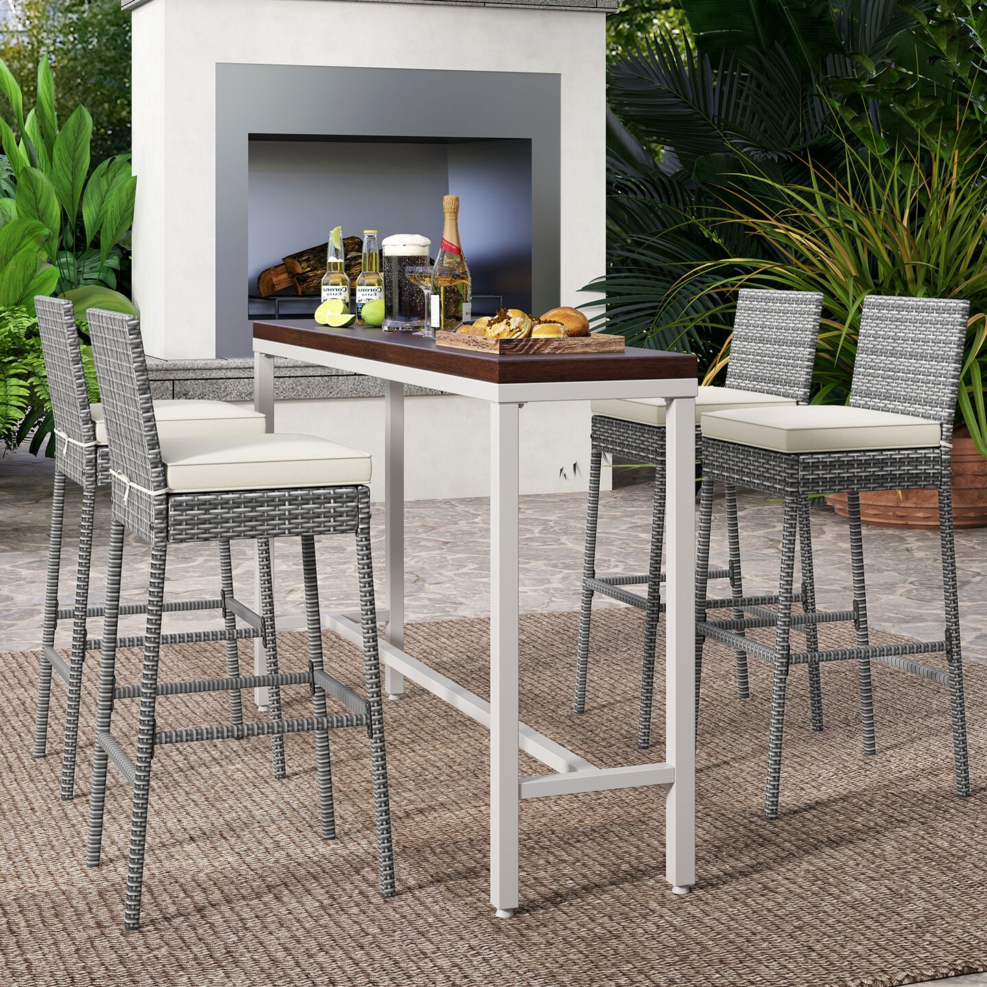 30" Inch Patio Wicker Bar-stools with Soft Seat Cushion and Footrest Ideal for Backyard or Balcony