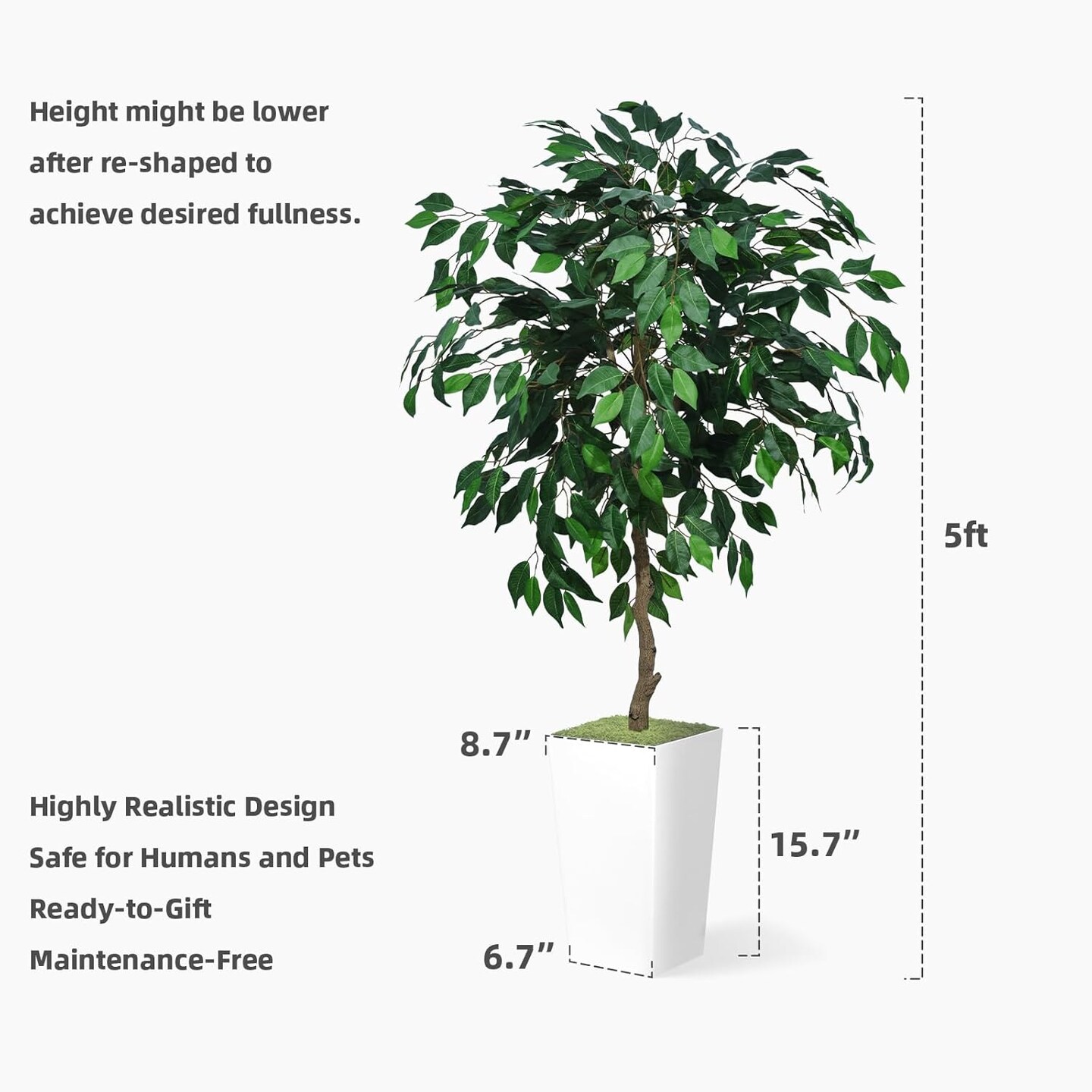 Artificial Ficus Tree 5FT - Faux Indoor Tree with Black Tall Planter - Fake Ficus Floor Plant in Pot - Artificial Silk Tree for Home Office Living Room Decor Indoor