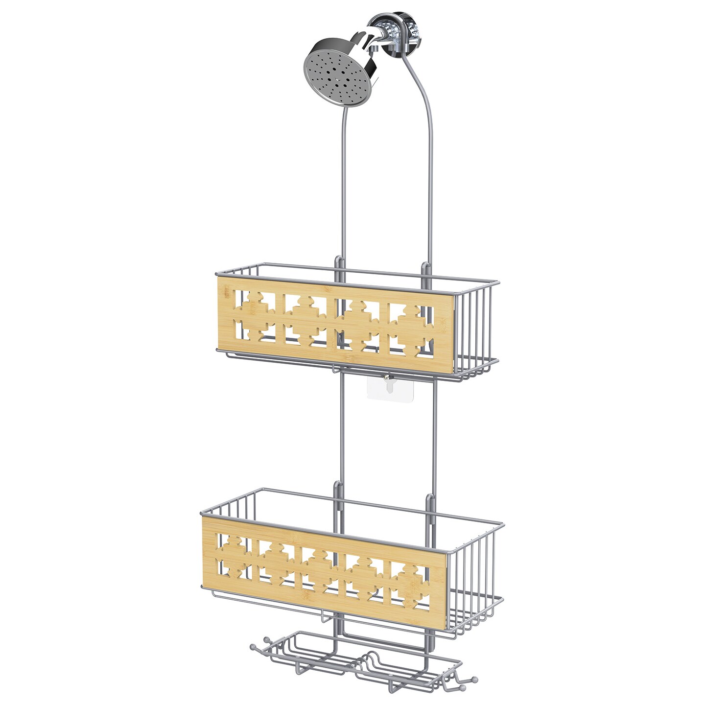 3-Tier Hanging Shower Caddy Over Shower Head – Rustproof Bathroom Organizer with Soap Holder, Bamboo Board & Hooks, No-Drill Installation (28.7"H, 40 lb Capacity)