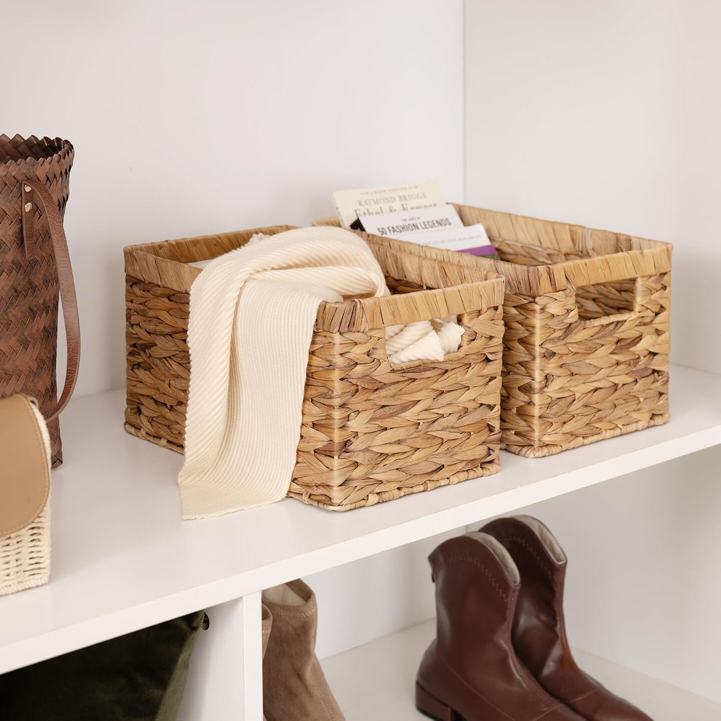 Wicker Basket, Baskets for Organizing, Storage Basket with Built-in Handles, Water Hyacinth Shelves