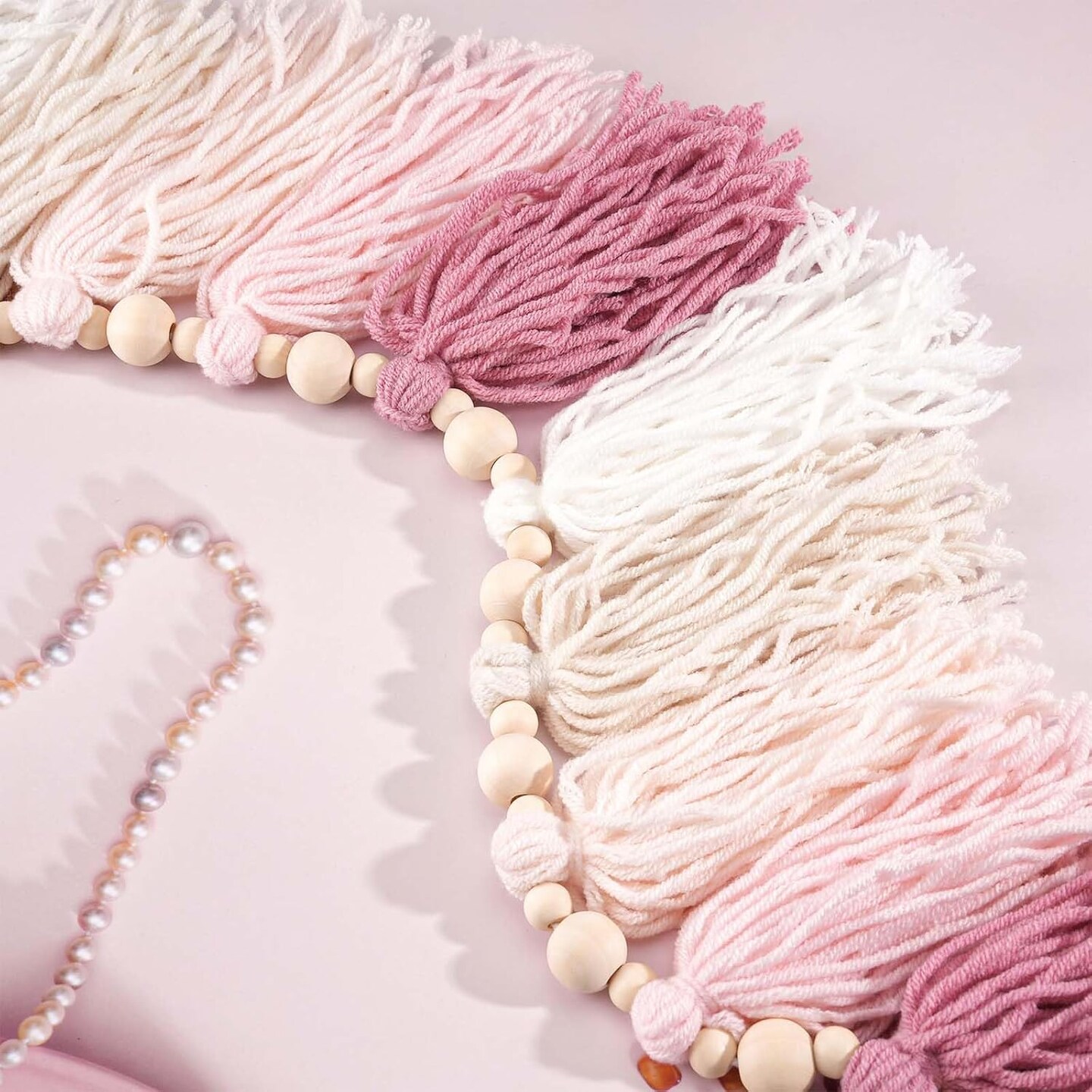 Pink Yarn Tassel Garland Boho Pastel Preppy Bunting Banner Wall Hanging Tassels for Nursery Kids Bedroom Dorm Room Baby Shower Birthday Classroom Office Party Wedding Decor