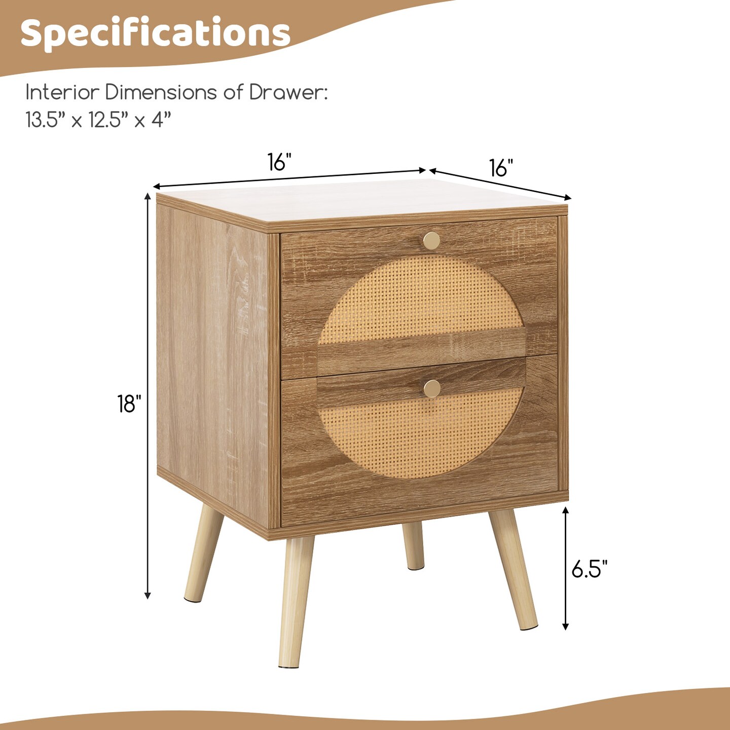 Bohemian Style Bedside Table with 2 Drawers and Solid Pine Wood Legs