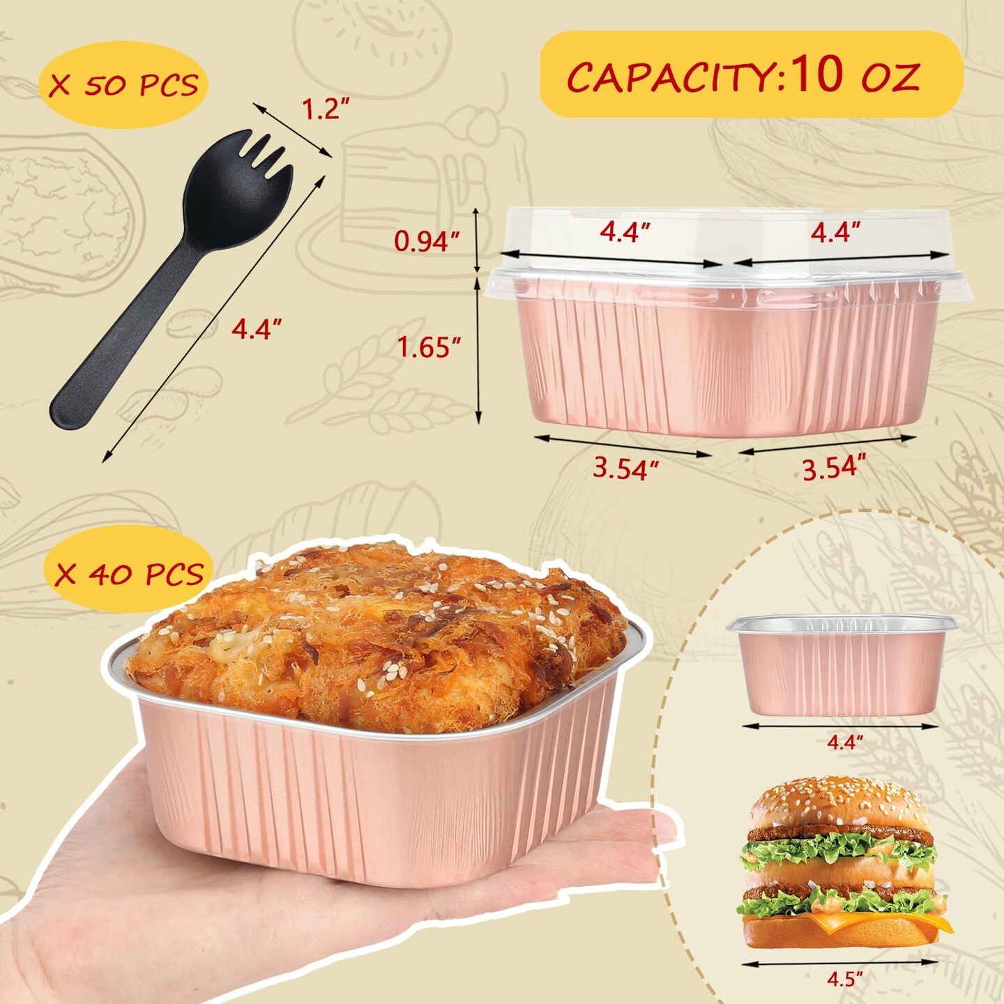 10oz Mini Cake Tins With Lids 40 Pack,LNYZQUS Aluminum Foil Small Baking Pans Disposable Large Brownie Baking Cups,4&#x201D;x4&#x201D; Small Bread Muffin Containers Holders For Party-Champagne