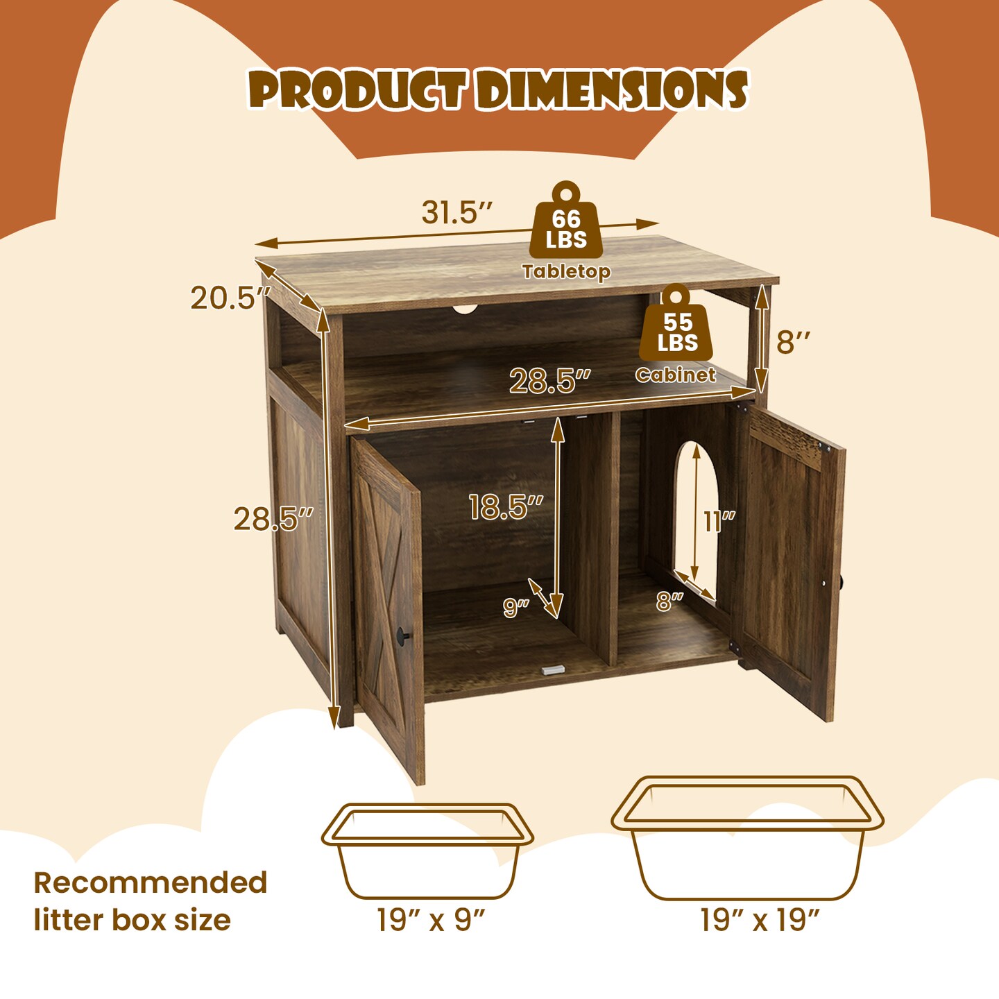 Cat Litter Box Enclosure with Double Barn Doors and Storage Shelf Ideal for Indoor Pet Use