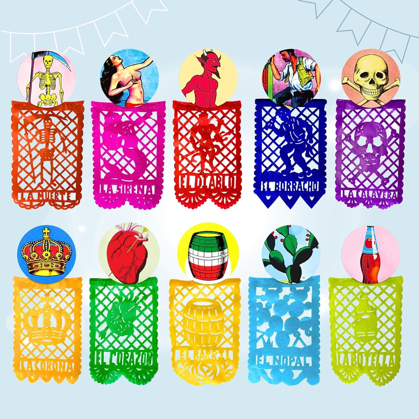 Mexican Party Banner Set (50-ft, PAPER) - Papel Picado with Mexican Bingo Card Designs - Party Decorations for Cinco de Mayo, Birthday Party Decor (4 strands x 12.5ft) - TexMex Fun Stuff