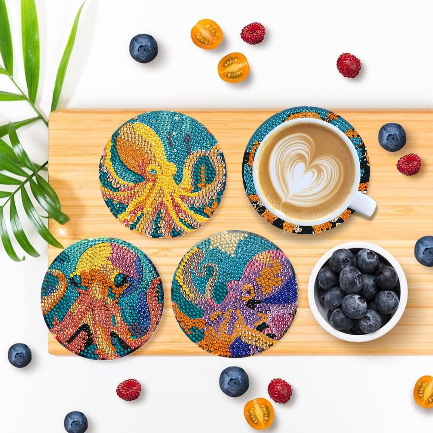 Diamond Art Coasters Set of 6, Small Diamond Painting Kits for Adults Beginners, Cork Coaster for Drinks Gem Art Coasters with Holder Home Decor for Octopus