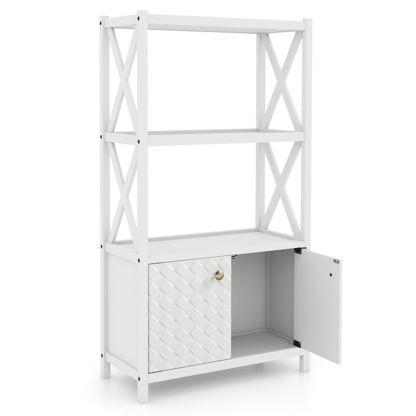 Tall Freestanding Floor Bathroom Storage Cabinet with 2-Tier Open Shelves and Magnetic Doors