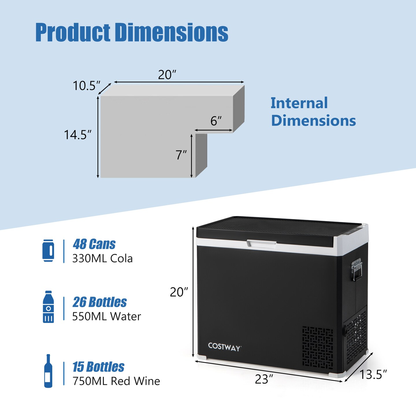 Black 53 Quart Portable Dual Zone Car Refrigerator with LED Display Touch Control