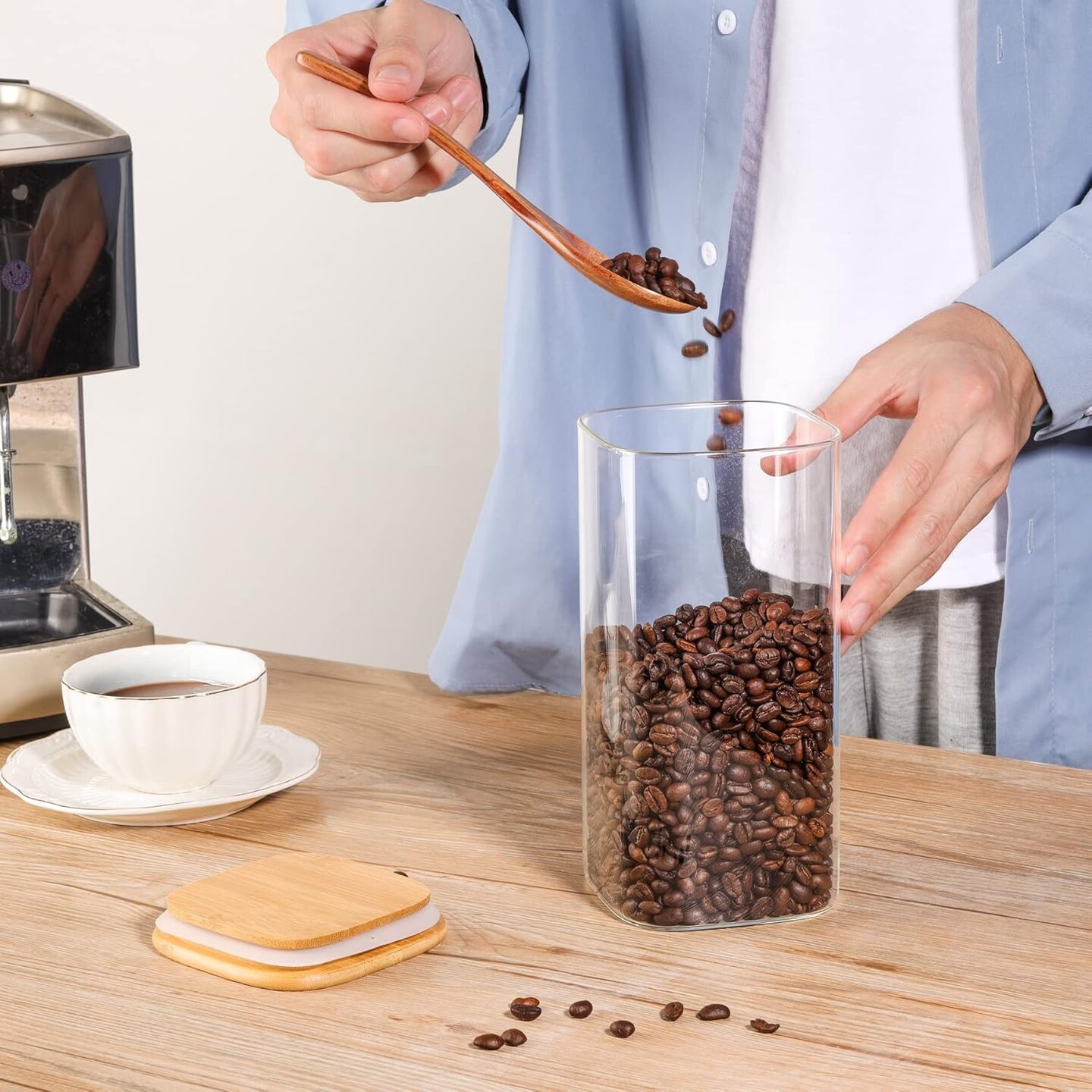 Airtight Glass Storage Canister with Wood Lid (51 oz), Clear Food Storage Container Jar with Sealing Lids for Oat Pasta Flour Cereal Rice Sugar Tea Coffee Beans, Set of 3 Square Cookie Jar