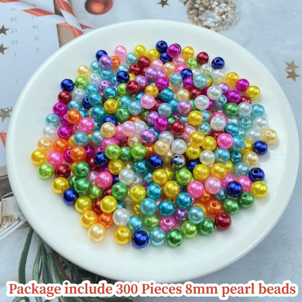 300pcs Pearl Beads 8mm Round Pearl Beads with Hole for DIY Bracelet Necklace Jewelry Making Supplies Handmade Craft(Mix Colors)
