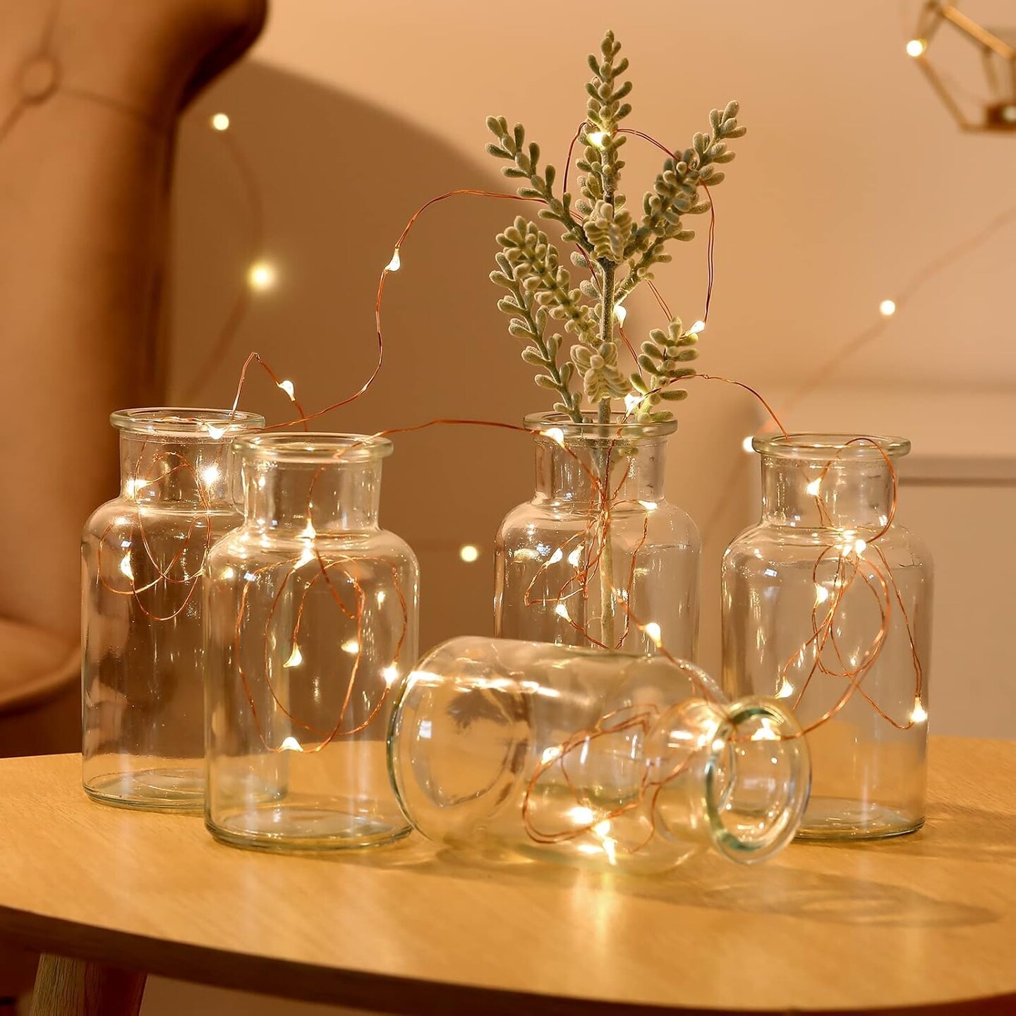 Set of 6 Glass Vases, Clear Glass Bud Vases, Small Flower Vases, Decorative Glass Bottles, Vintage Look Apothecary Jars for Wedding Dining Table Home Decor (Wide Clear)