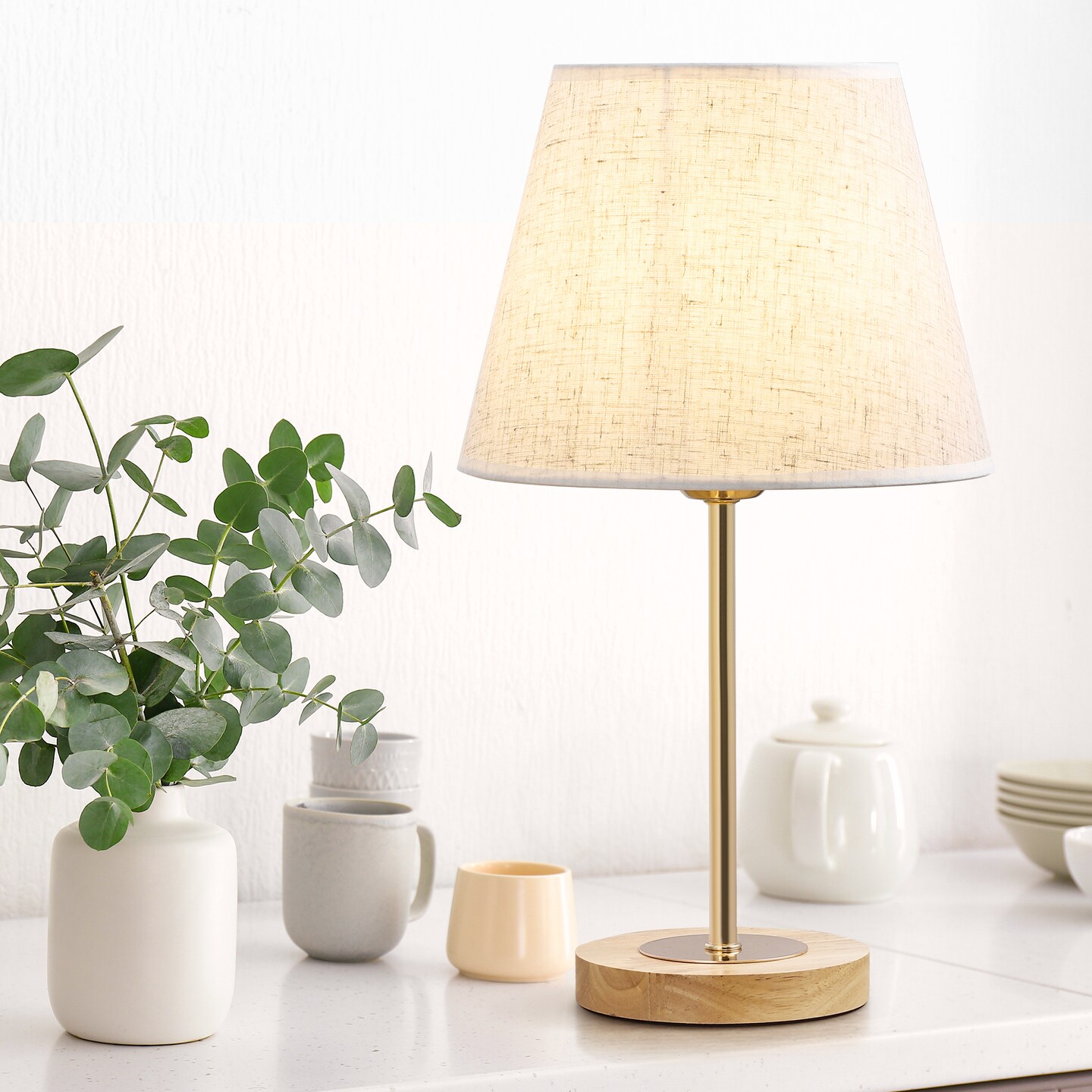 Set of 2 Wooden Bedside Table Lamps with Linen Shade – Modern Desk Lamps for Bedroom, Office, Nursery – UL Certified, Warm Eye-Caring Light, Compact 15.4" Height