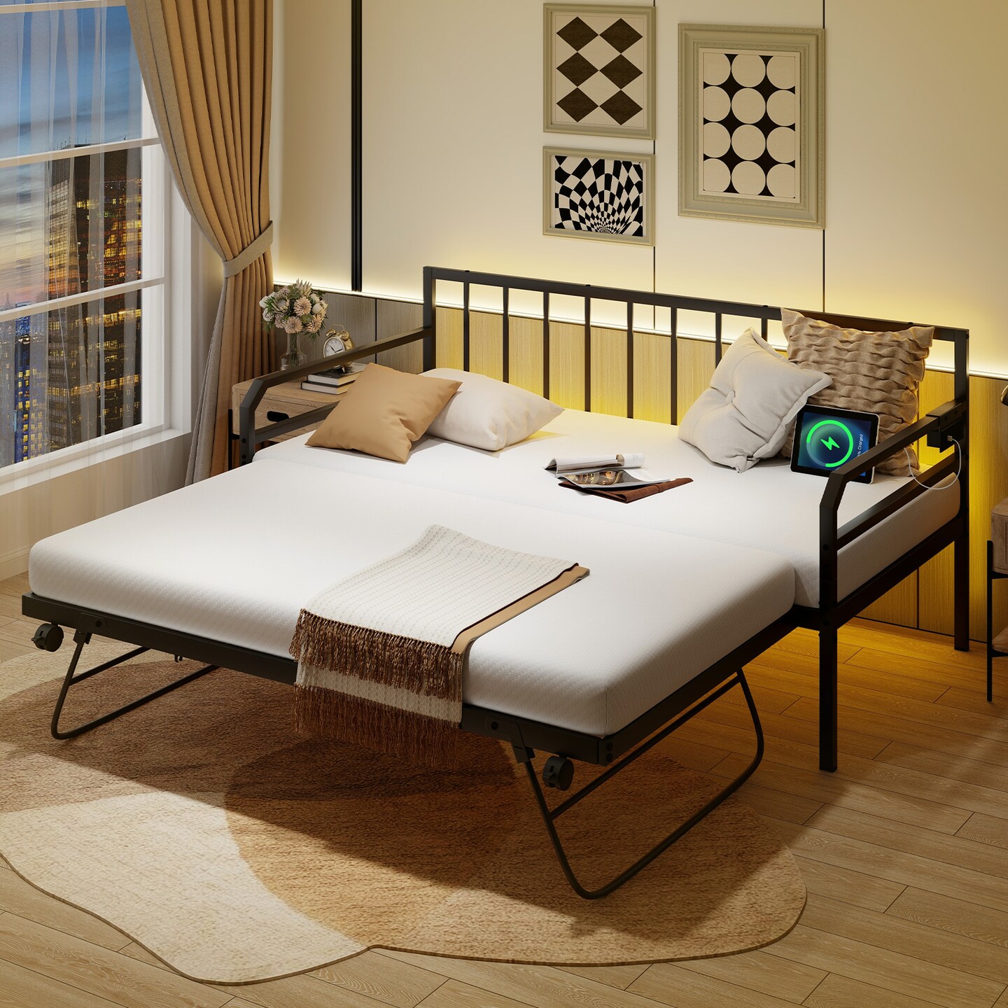 Adjustable Twin Daybed with Pop-Up Trundle, LED Lights and Power Strip