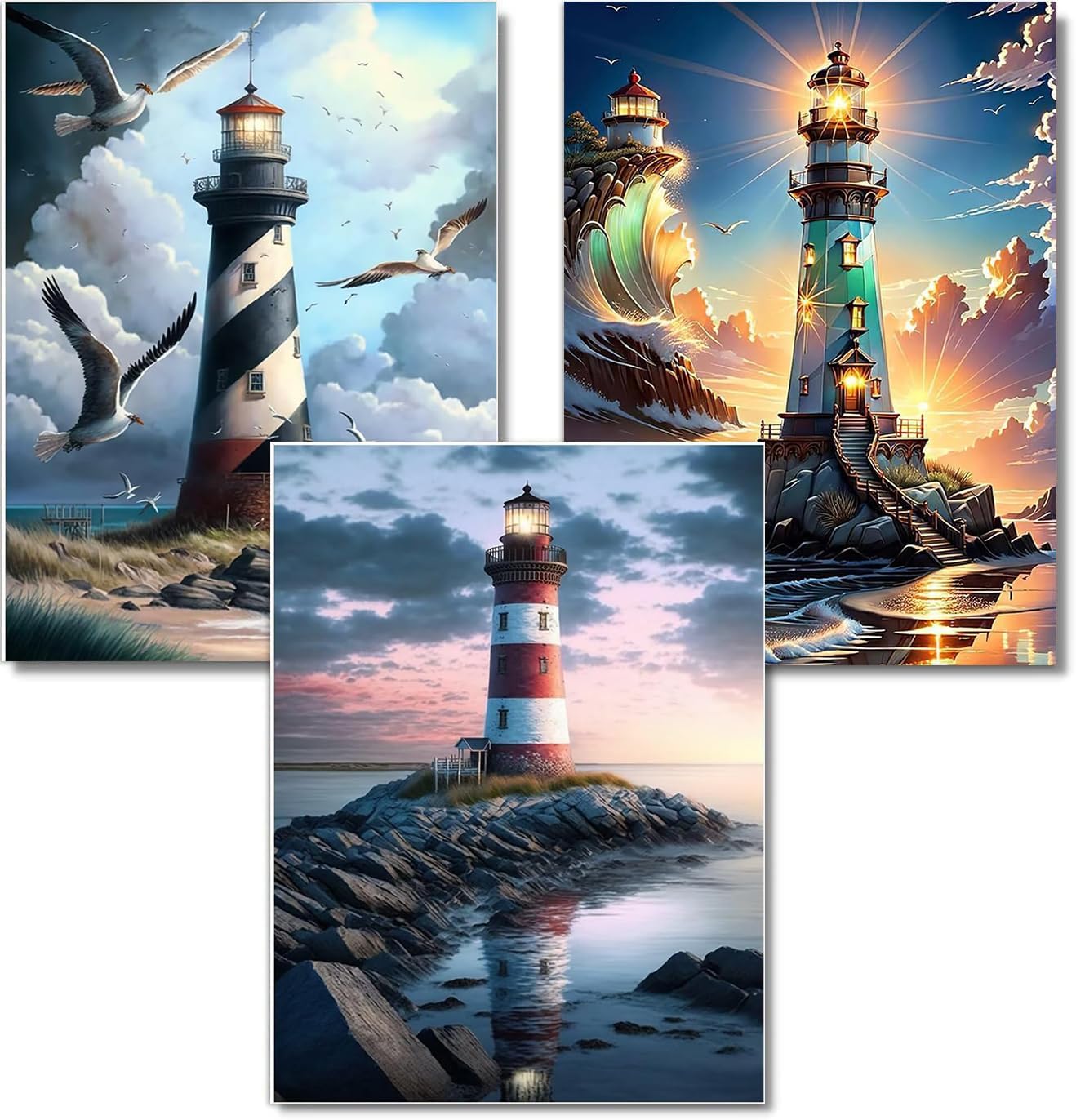 Diamond Painting Kits for Adults - 3 Pack Lighthouse DIY 5D Diamond Art Kits Full Drill Diamond Dots Paintings with Diamonds Gem Art and Crafts Home Decor 12x16inch